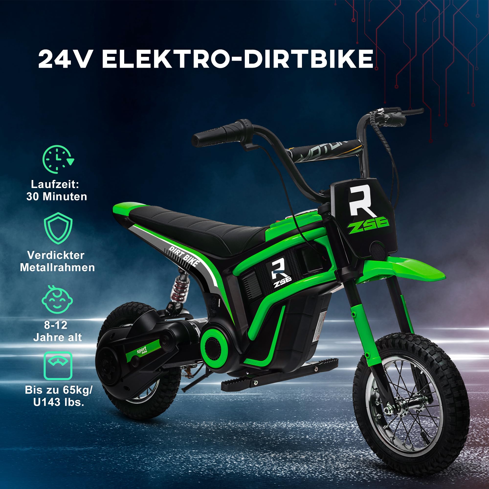 HOMCOM Elektro Motorrad Kinder 24V mit 350W Motor für 8-12 Jahre Grün | Scheinwerfer, Musik, 8-16 km/h, Kindermotorrad mit Luftreifen