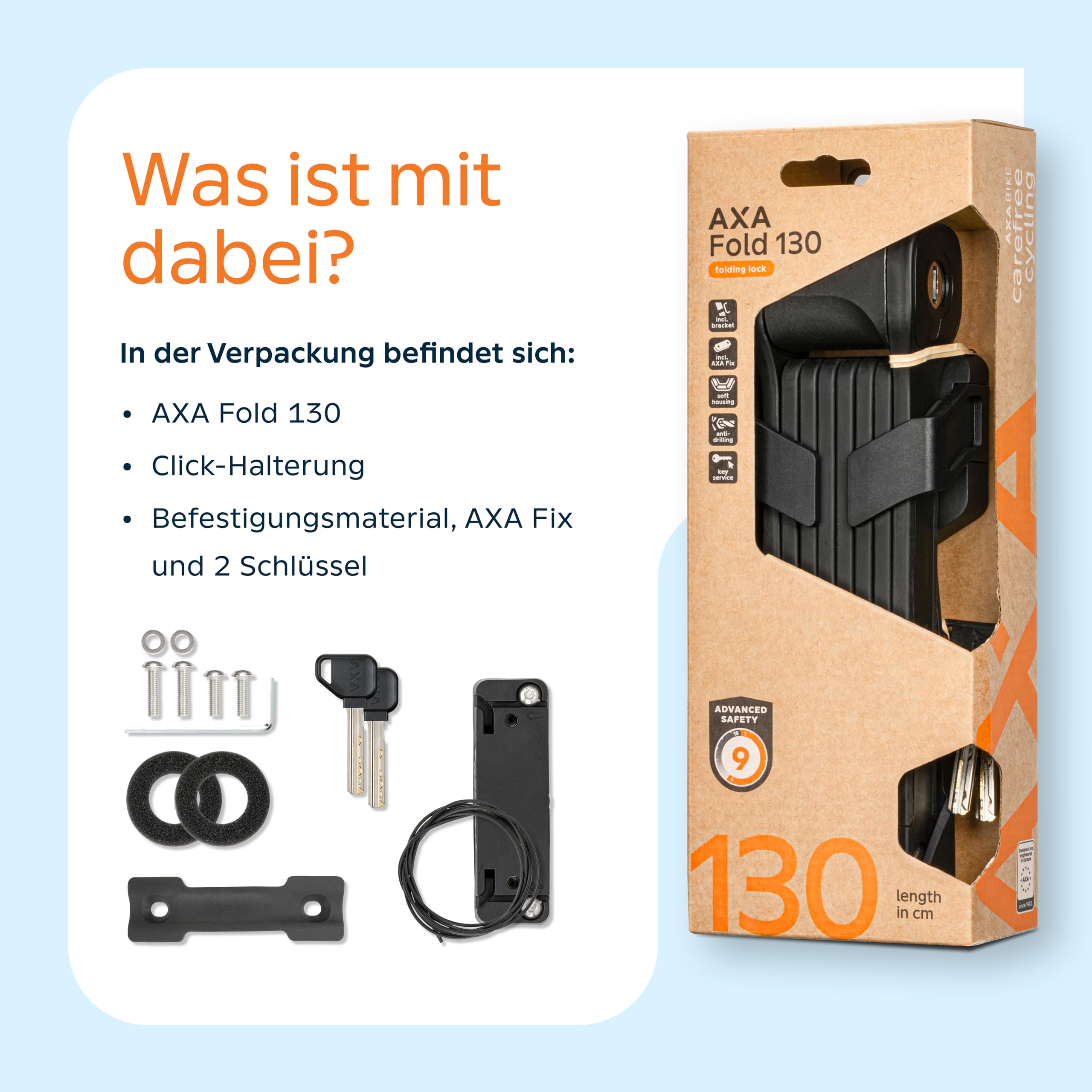 AXA Fold 130 Antivol Pliable – Longueur 130 cm – Niveau de sécurité 9 – Support avec Compartiment pour étiquette de Suivi – avec 2 clés