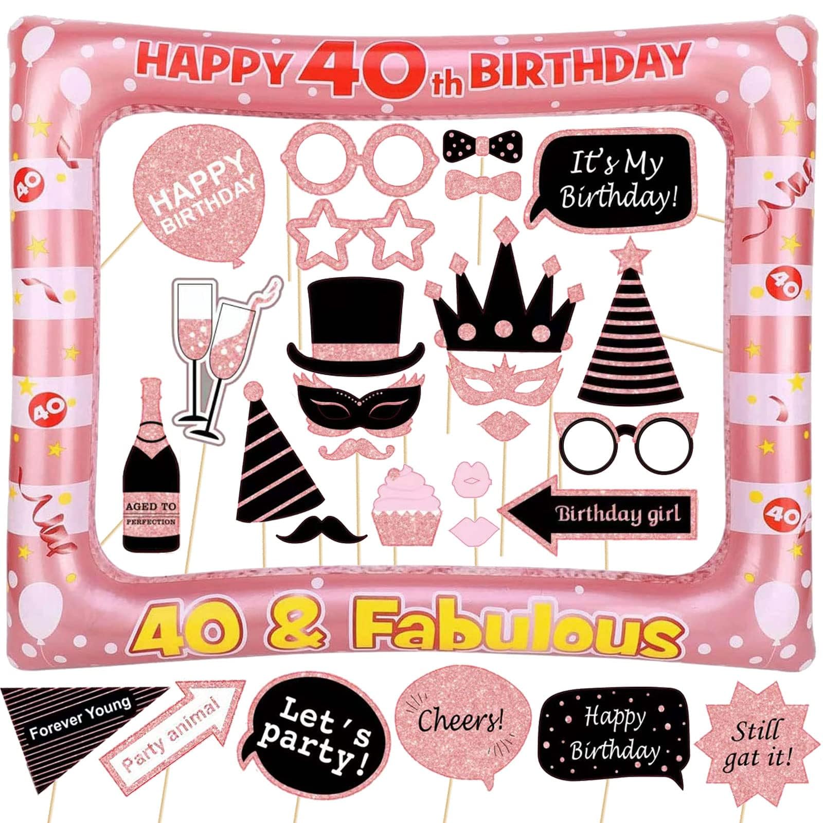 Yiiigoood Gold Rose 40Th Birthday Inflatable Photo Booth Selfie Frame & Props Set Giant Selfie Photo Booth Picture Frame Photo Props Blow Up Photo Frame For 40 Years Old Birthday Party Decoration Supplies