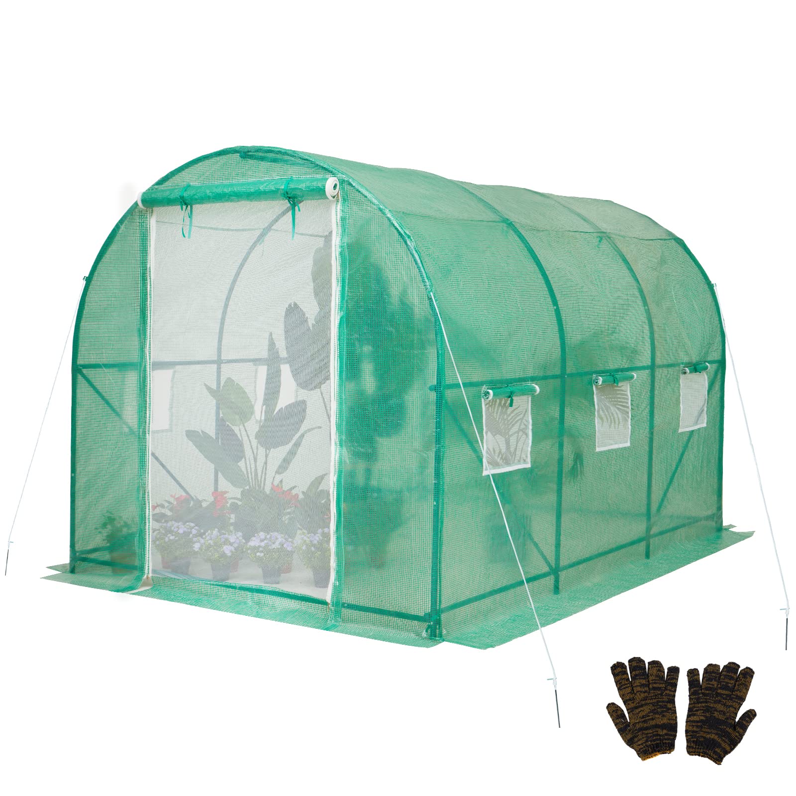 AMERLIFE 10x7x7ft Walk-in Tunnel Greenhouse, Reinforced Frame with Durable PE Cover, Gardening Green House with Dual Zippered Mesh Doors, 6 Screen Windows for Outdoor, Backyard, Garden