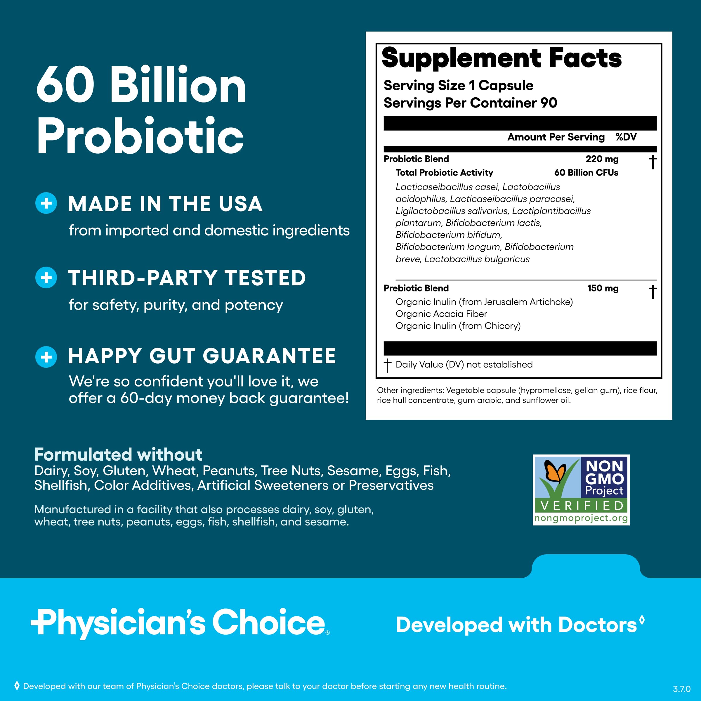 Physician's CHOICE Probiotics 60 Billion CFU - 10 Strains + Organic Prebiotics - Immune, Digestive & Gut Health - Supports Occasional Constipation, Diarrhea, Gas & Bloating - for Women & Men - 84ct
