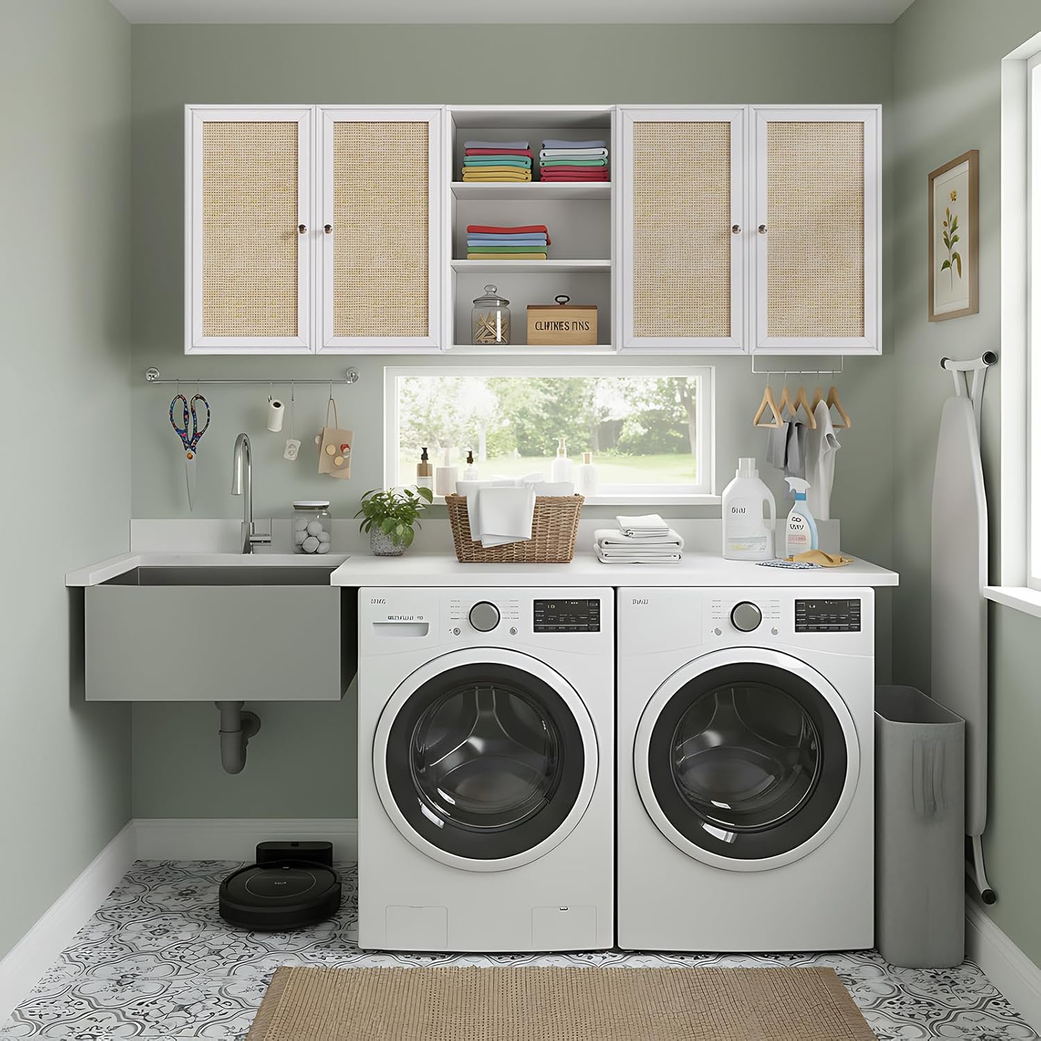 Furnaza Kitchen Wall Cabinets,Rattan Wall Mounted Laundry Cabinets with Adjustable Shelf, Floating Hanging Storage Cabinet for Laundry Room, Bathroom, Kitchen,63" W x 11.8" D x 21.6" H