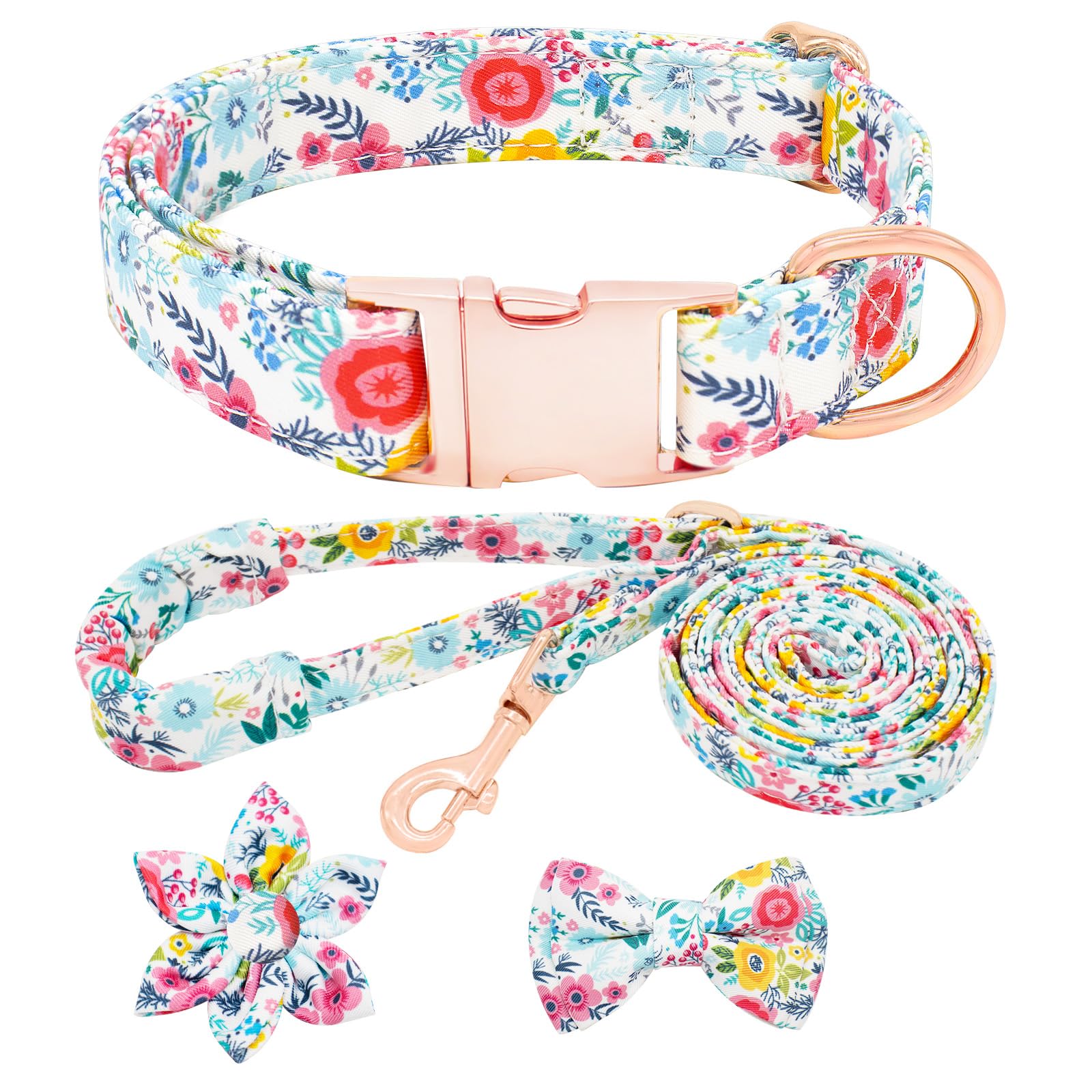 HSIGIO Dog Collar and Leash Set Girls Adjustable Puppy Collars with Floral Bow Tie for Small Medium Large Female Dogs, Teal Flower, M