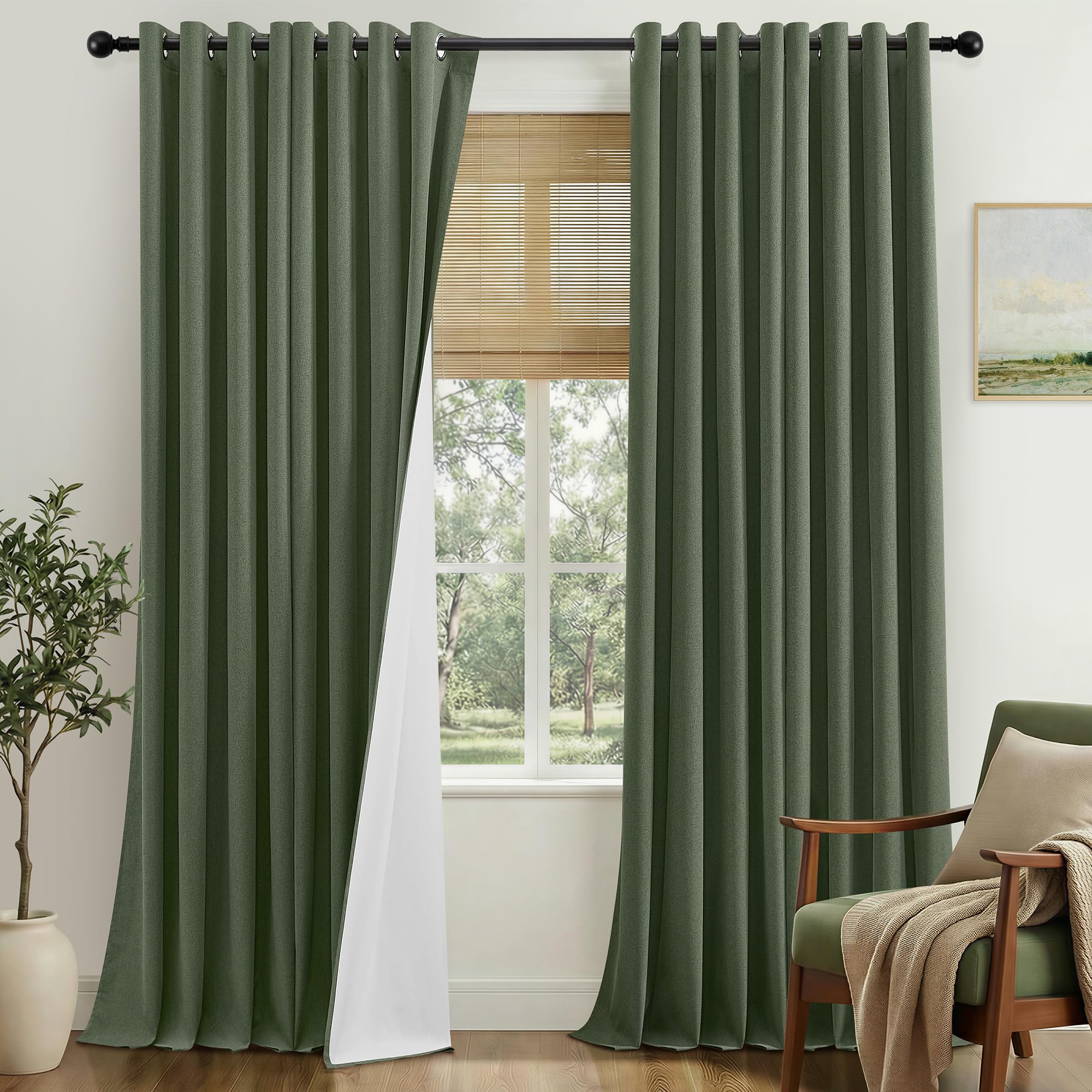 Extra Long Blackout Curtains 108 Inch Drop 2 Panels, Faux Linen Thermal Insulated Eyelet Curtains with Coating Back for Living Room Bedroom, Luxury Green Curtains & Drapes, Olive Green, 52"W x 108"L