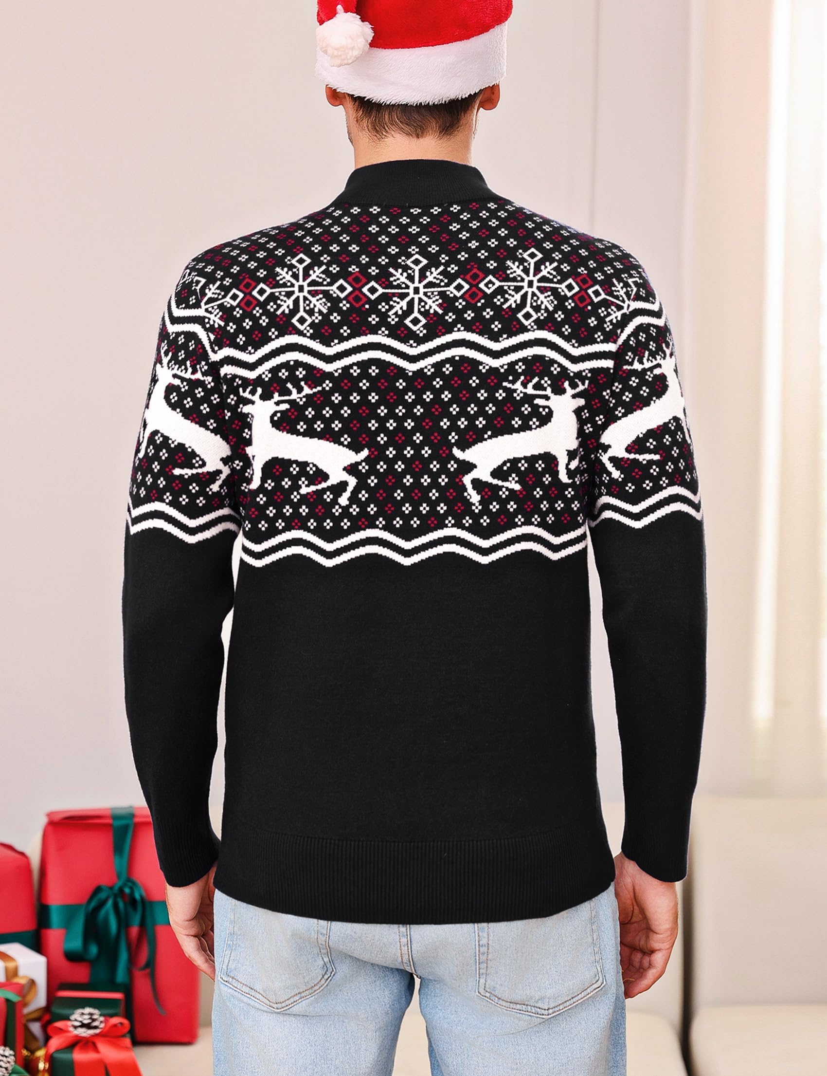 Weihnachtspullover Herren 1/4 Zip Stehkragen Rentiermotiv | Rentier und Schneeflocken Muster, Langarm, Festlicher Winterlook, Weihnachtsfeier, Party, Familienabend und Freizeit