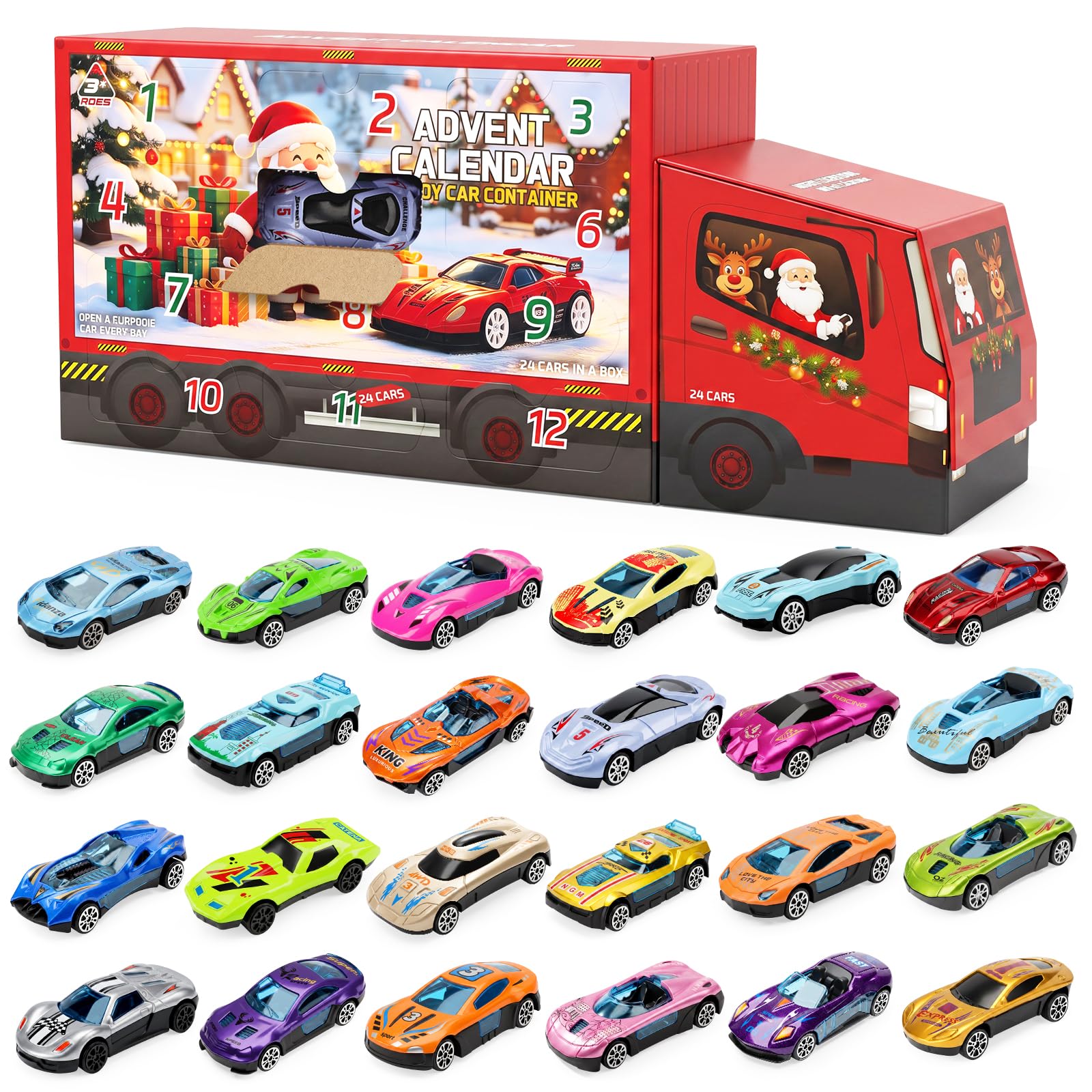 Christmas Advent Calendar Pull Back Race Car Toys, 24 Unique Styles Blind Box Kit, Educational Toys for Kids, Indoor & Outdoor Play