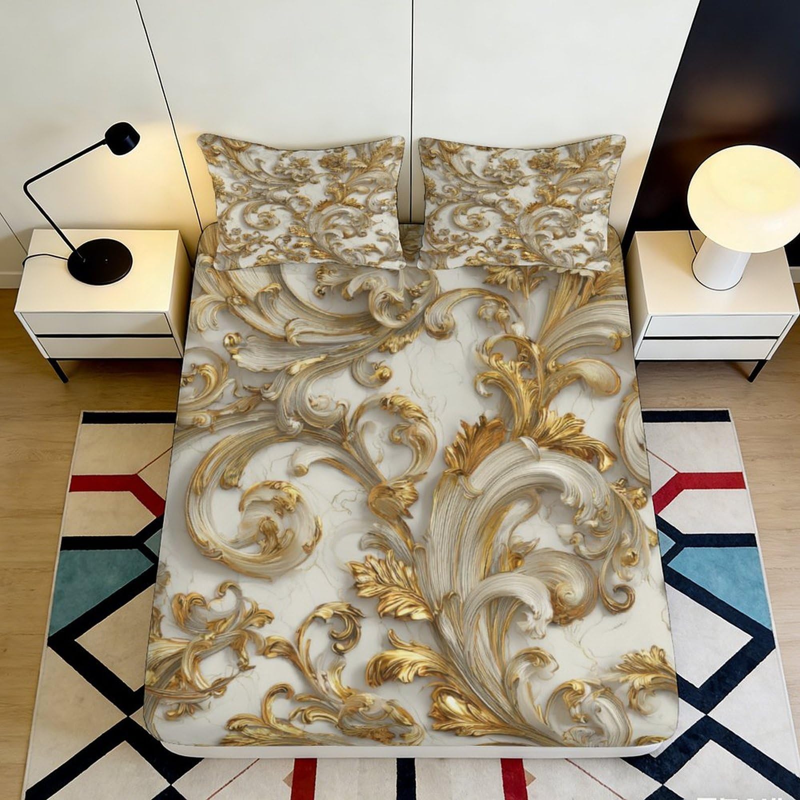 3D Printed Baroque Gold Swirl Fitted Sheet Microfiber Soft Decorative Mattress Cover for Bedroom Guest Room Easy Care 90x200x25cm