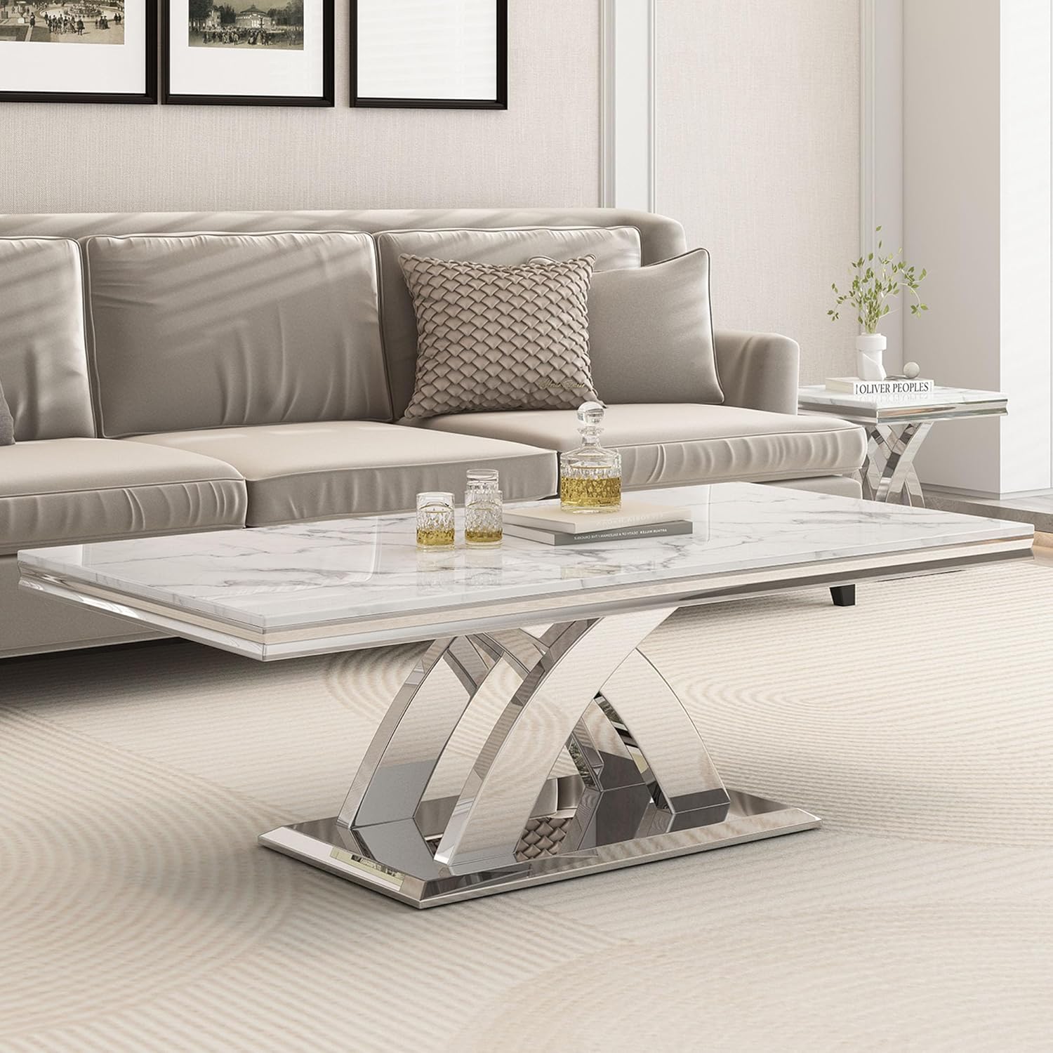 47" Marble Coffee Table with X Shape Base, Silver White Center Table with Faux Marble Top and Mirrored Stainless Steel Frame, Modern Living Room Table for Apartment, Office