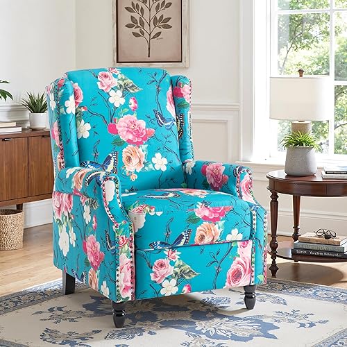 Miniatura 6 de Silla reclinable tapizada, sillón de ala floral con respaldo y reposapiés ajustables, cómoda silla decorativa para leer, sofá individual para