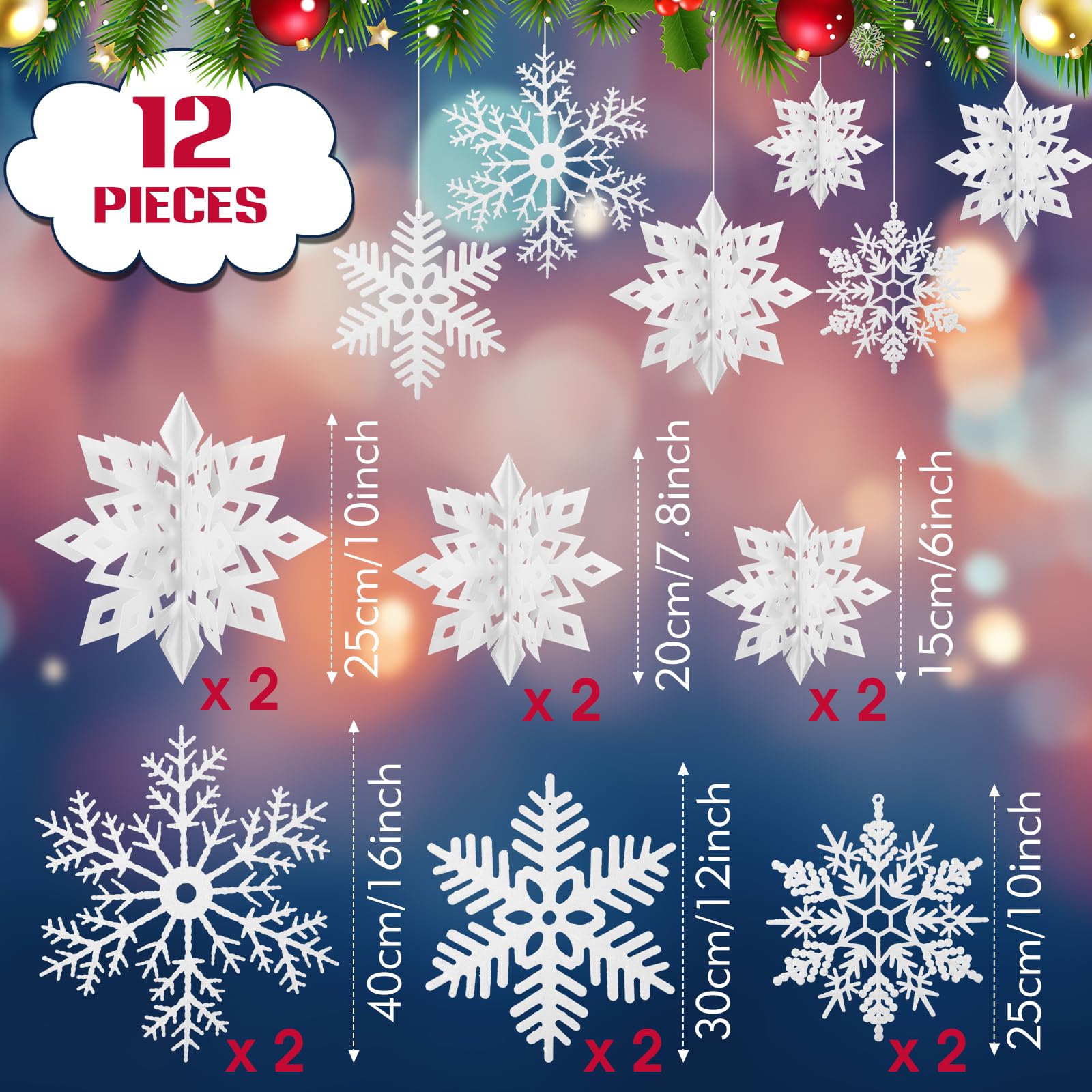 Hungdao Lot de 12 grandes décorations de Noël à suspendre en forme de flocon de neige 3D pailleté pour sapin de Noël, anniversaire, Nouvel An, 40,6 cm/30,5 cm/25,4 cm/17,8 cm/15,2 cm/15,2 cm (blanc)