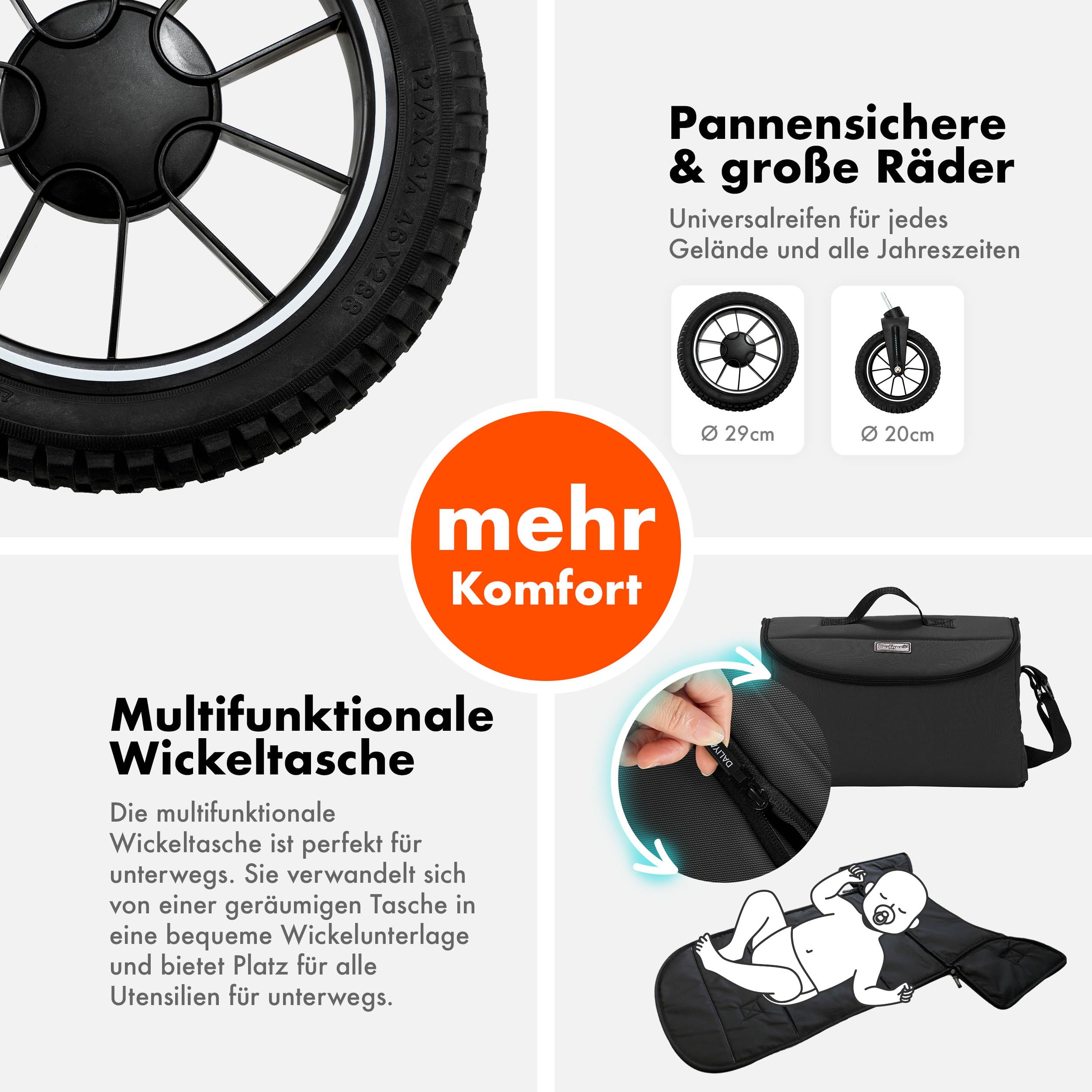 Daliya® FLEXI-PRO M 2 in 1 passeggino combinato e passeggino – Set XXL – Passeggino da viaggio con una sola mano, protezione dalle intemperie, seggiolino sportivo, borsa fasciatoio, tavolo da gioco