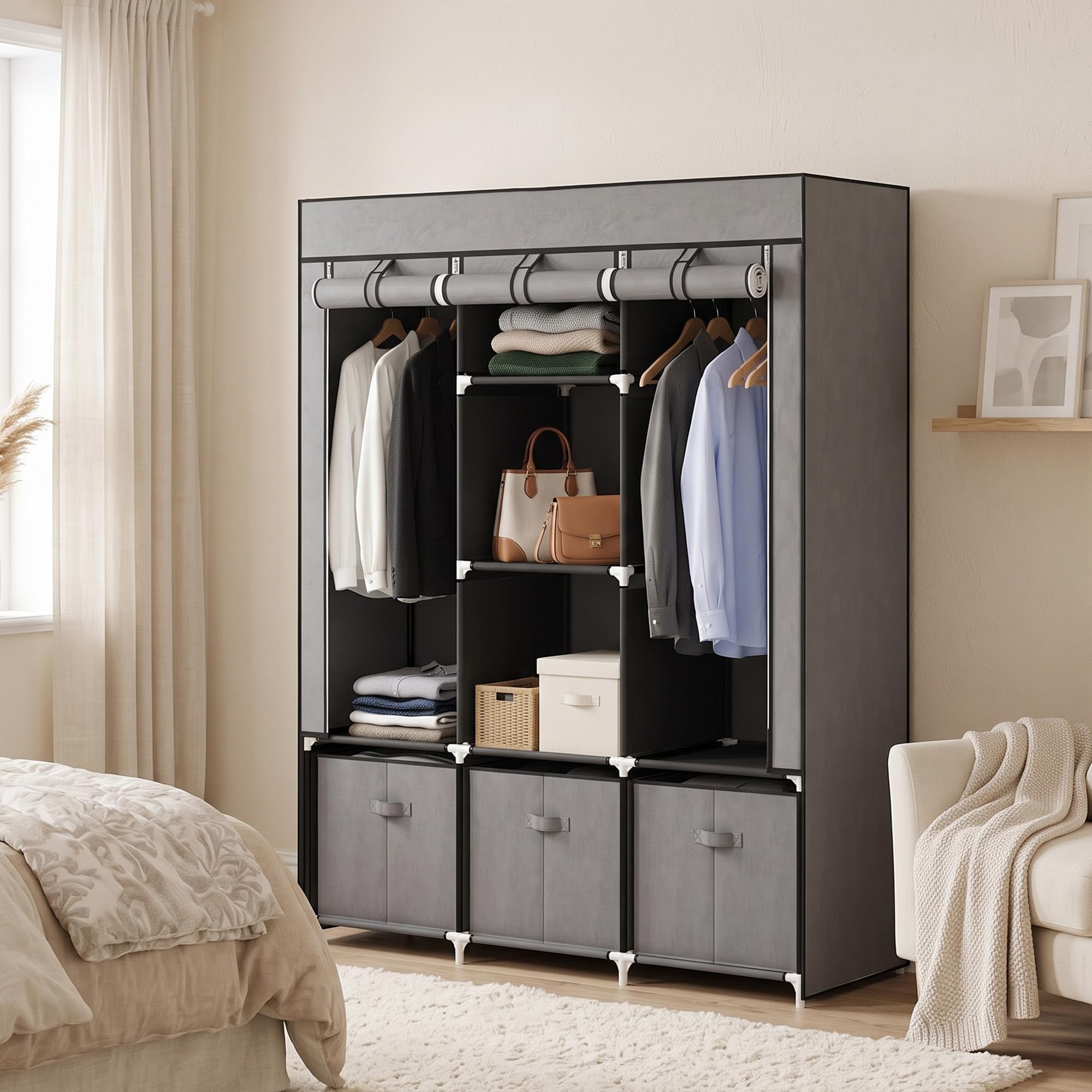 HOMCOM Kleiderschrank Stoffschrank mit Kleiderstange, Schubladen, Reißverschluss Faltschrank für Schlafzimmer, Ankleidezimmer, 125 x 43 x 162,5 cm, Dunkelgrau