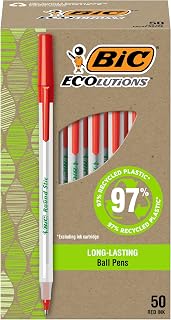 BIC Ecolutions Round Stic Ballpoint Pens, Medium Point (1.0mm), 50-Count Pack, Red Ink Pens Made from 97% Recycled Plastic