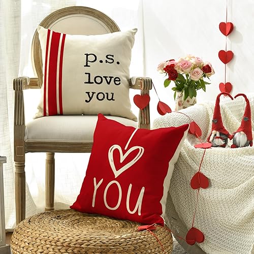 Miniatura 3 de AVOIN colorlife Juego de 4 fundas de almohada para el día de San Valentín con texto en inglés I Love You 12 x 20 pulgadas diseño de rayas rojas de