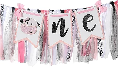Miniatura 4 de Cartel de primer cumpleaños para silla de bebé, vaca rosa, pancarta de cumpleaños para silla alta de granja, cartel de silla alta de vaca para