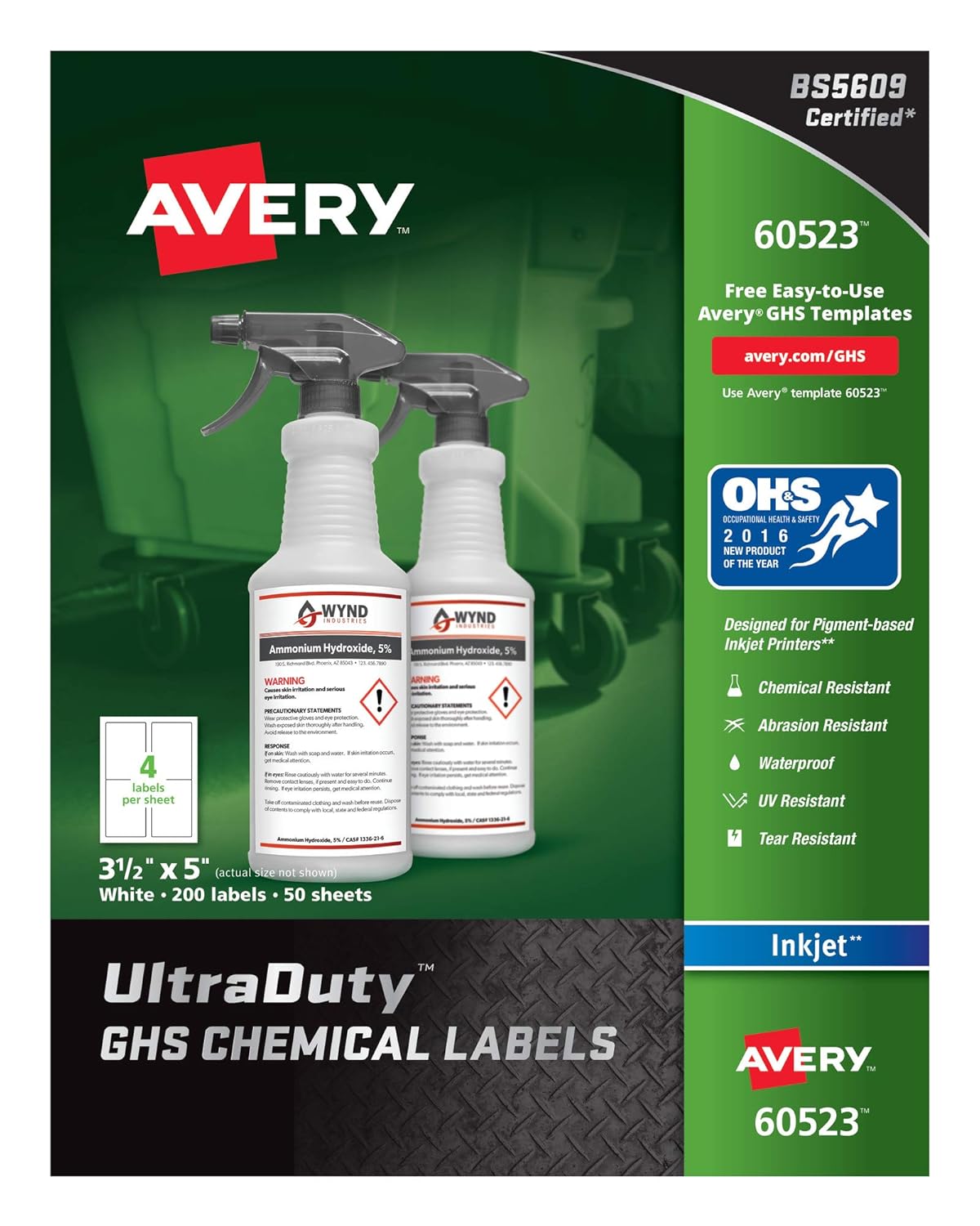 Avery Ultra Duty GHS Chemical Labels for Pigment Inkjet Printers, Waterproof, UV Resistant, 3.5 x 5 (60523)