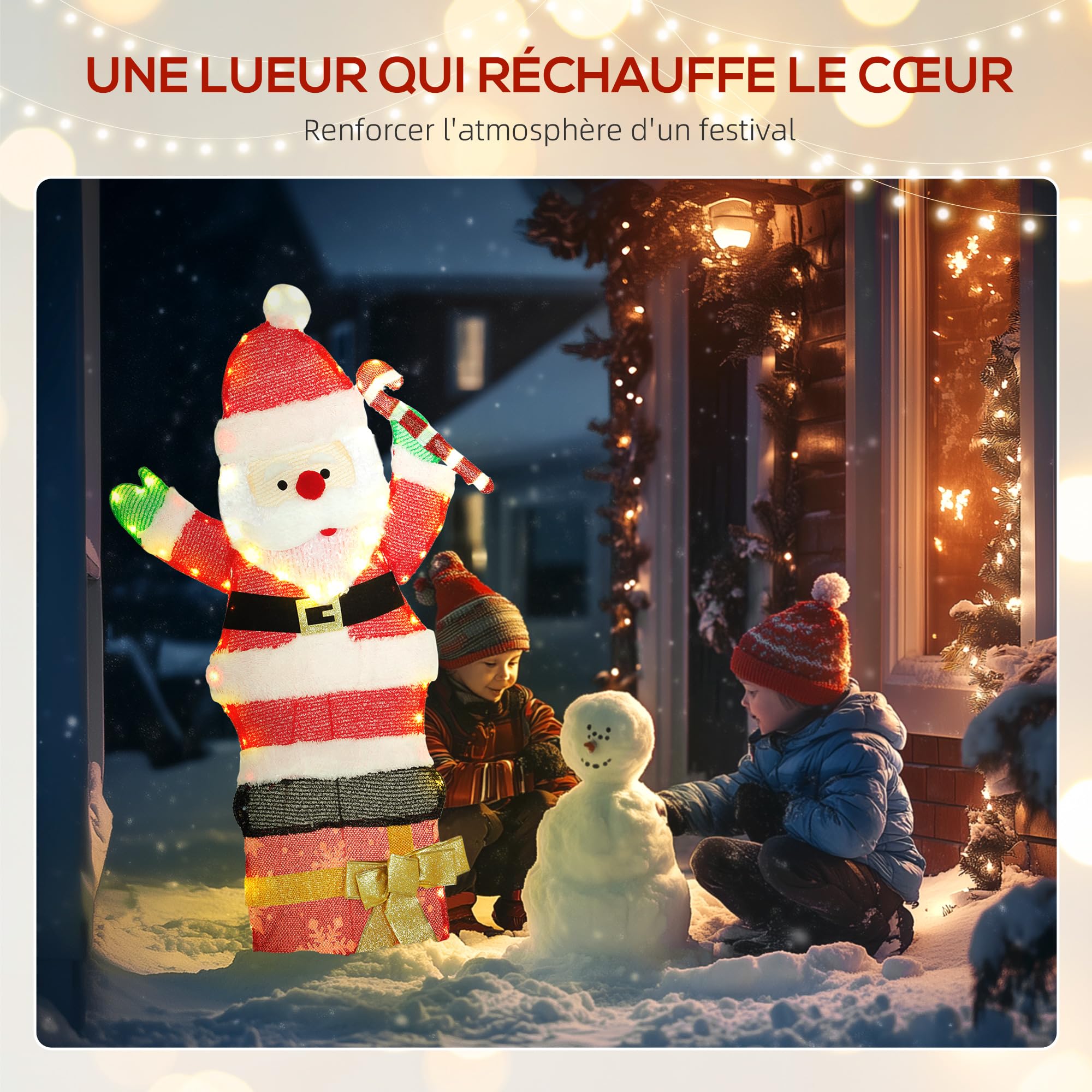 Outsunny Père Noël Lumineux de 90 cm avec 97 LED Blanc Chaud, Piquets, IP44 | Décoration Noël Personnage, Attaches Zippées, Intérieur, Extérieur
