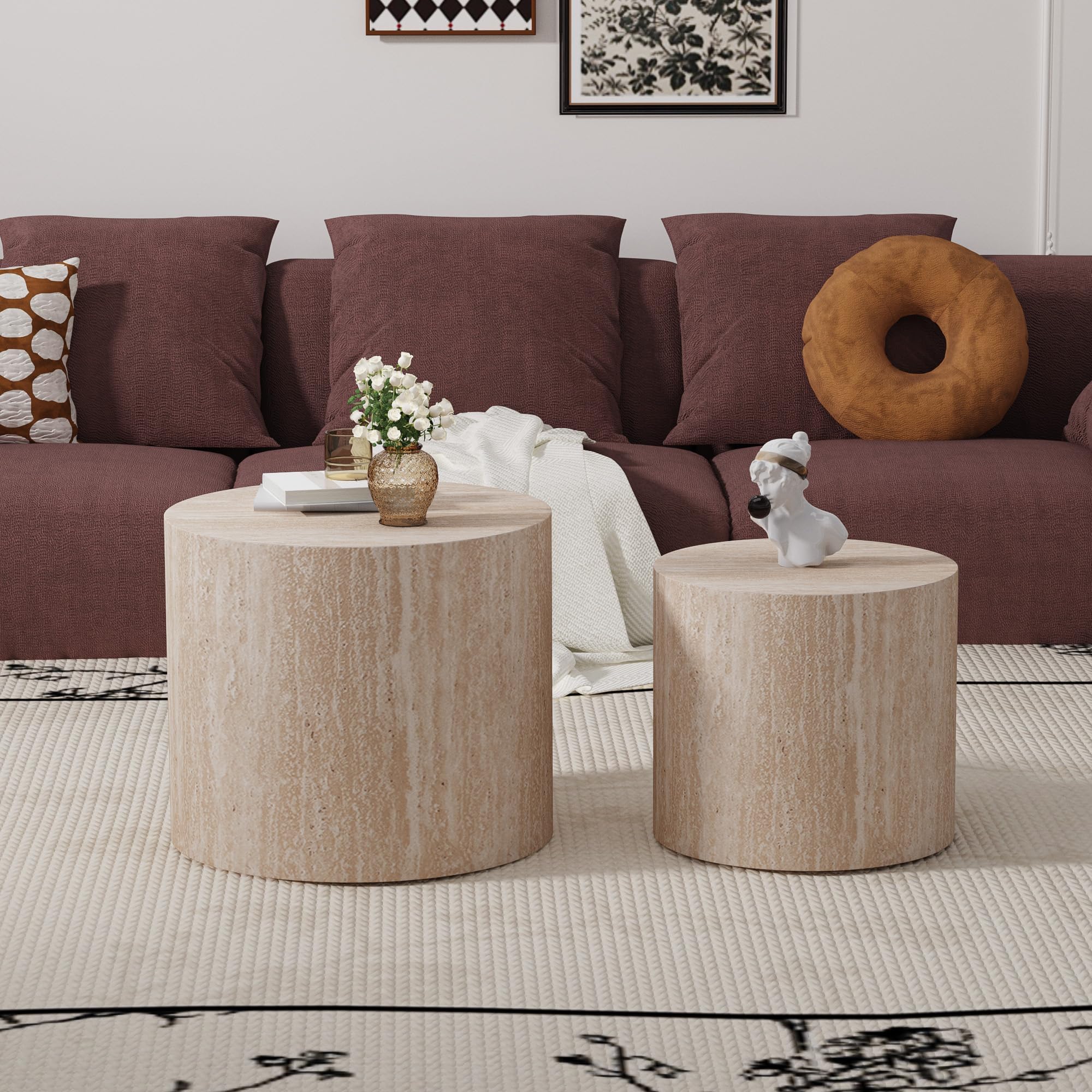 WXFKLDJ Set Di 2 Tavolini Rotondi Impilabili in Legno | Tavolino Moderno A Forma Di Tamburo Con Piedini Antiscivolo; Tavolini D'appoggio Ideali Per Soggiorno E Piccoli Spazi