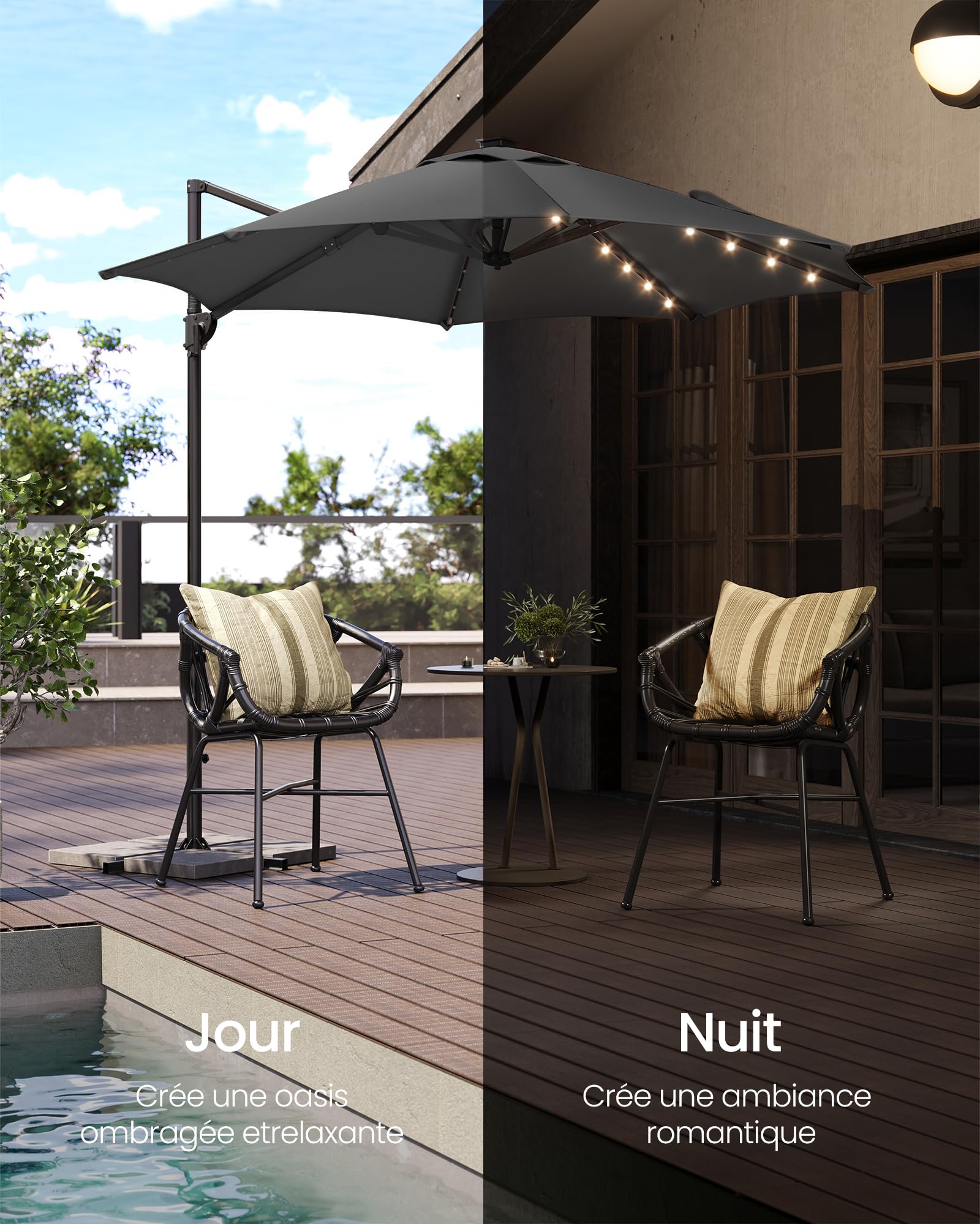 SONGMICS Parasol de Jardin 300 cm, 28 LED Solaires, UPF 50+, Parasol d Extérieur, Pivotant à 360°, Inclinaison Fluide, Manivelle, avec Base en Croix, Gris GPU047G02