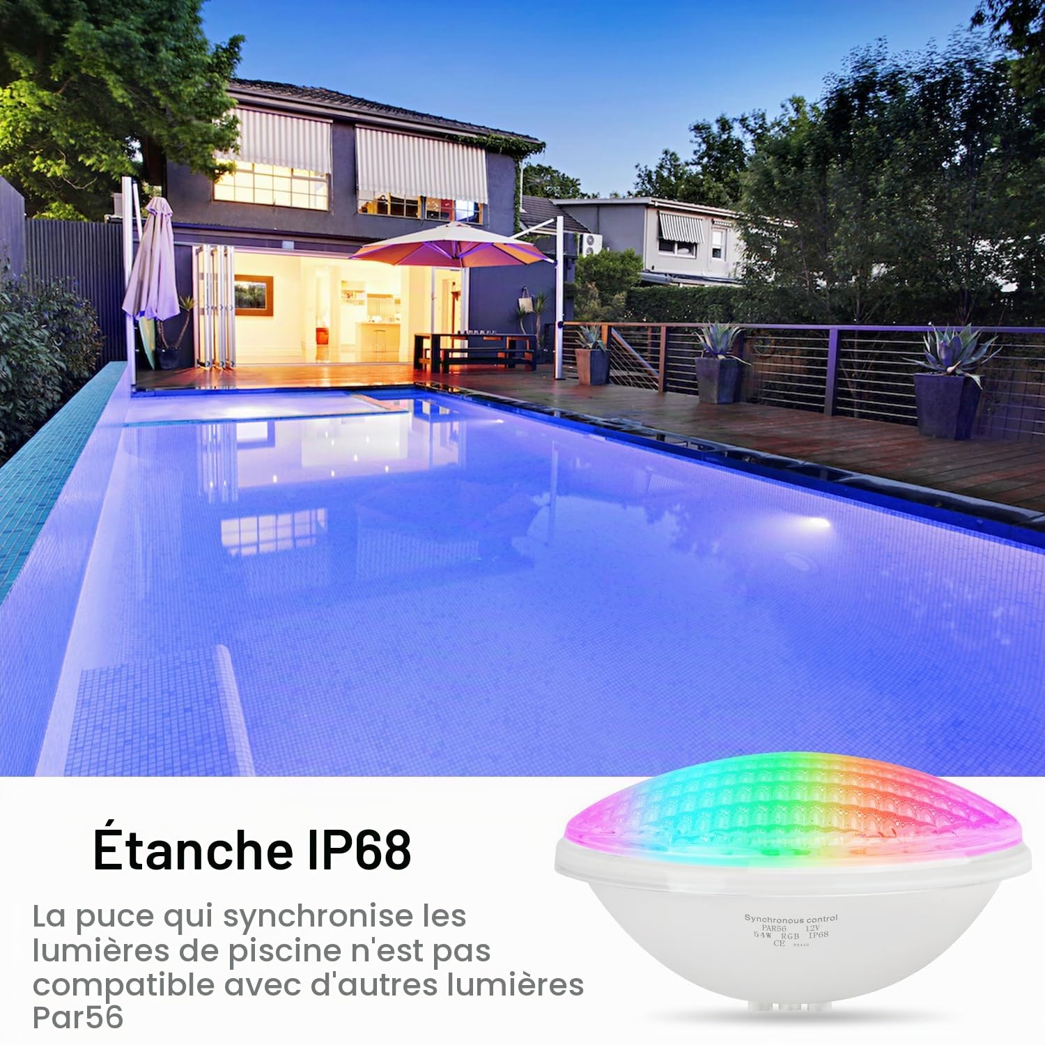 Lot de 2 spots LED 54 W PAR56 RVB, 12 V Timing 2/4/6H Projecteur LED pour piscine, synchronisé avec l'extérieur de la télécommande, IP68