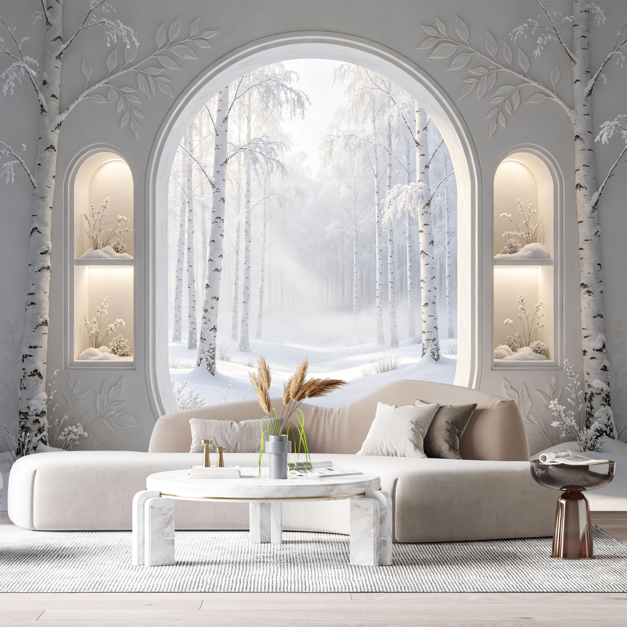 Custom Size Wall Murals Winter Forest Snowy Birch Trees 3D Trompe L'Oeil SelfAdhesiveWall Fabric Removable Wallpaper Wall Decor for Living Room Bedroom Bathroom