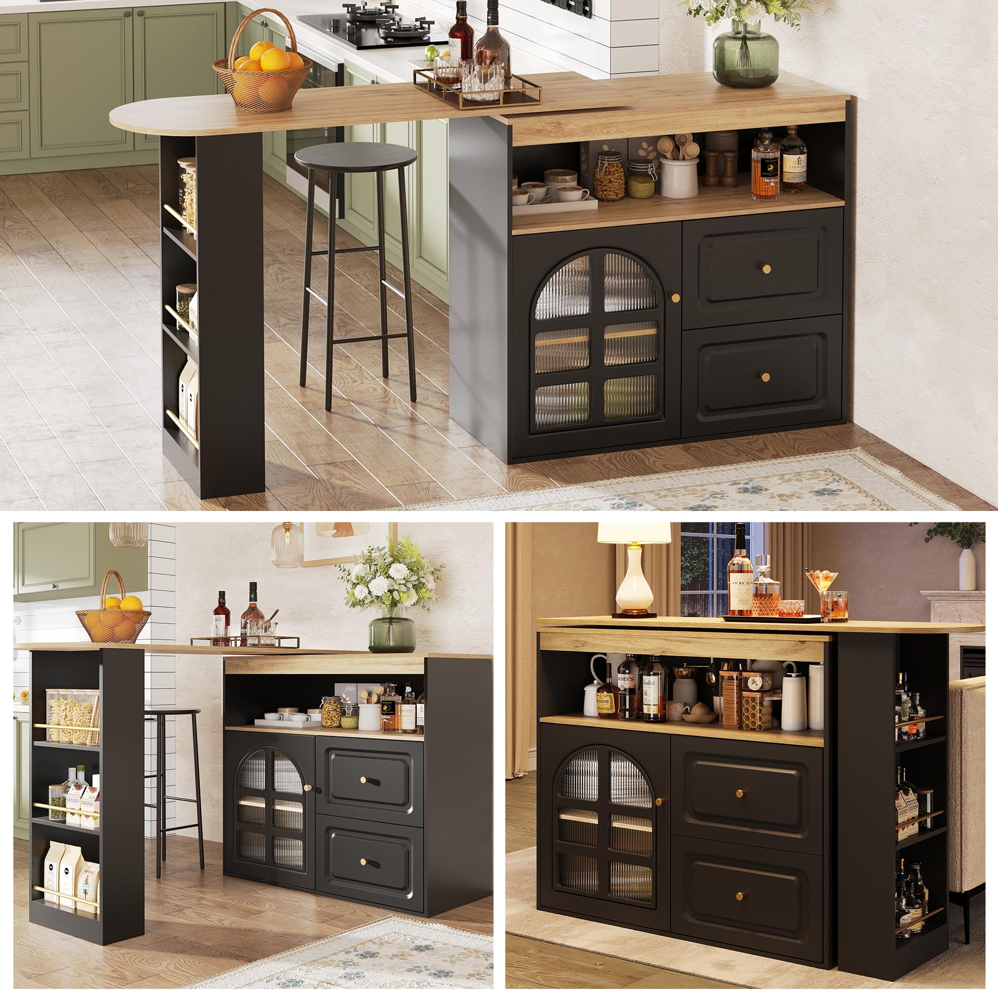 Tavolo Bar Estensibile Rotazione 360°, Mobile Cucina Moderno con Ripiani e Vetro, Credenza con 4 Cassetti, Scaffali Aperti e Porta in Vetro (Black, 138-204x39x104 cm)