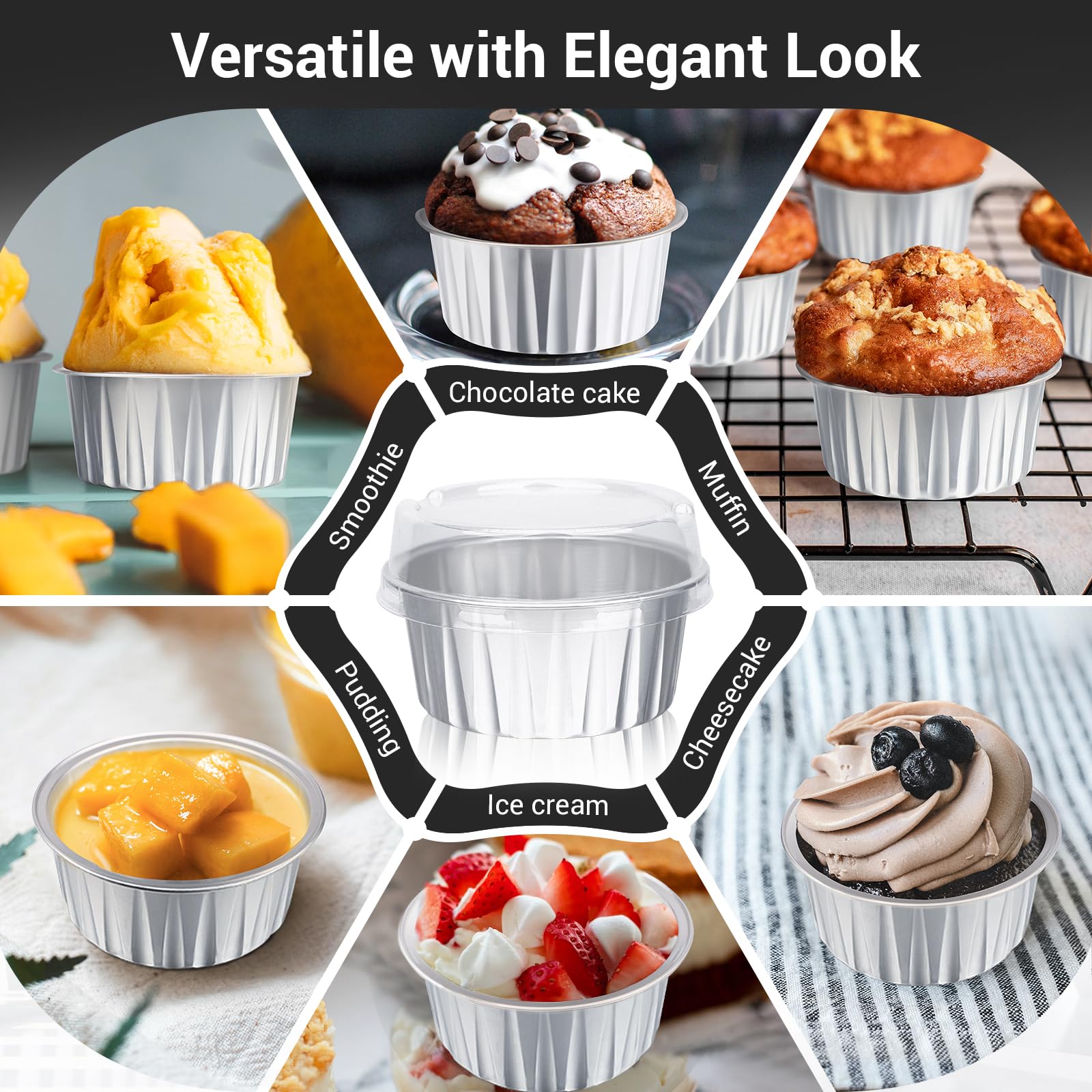 Eusoar - Juego de 100 moldes desechables para magdalenas de 125 ml con tapa, ramequines de crema Brulee, papel de aluminio para hornear, moldes de postre, cajas de cajas