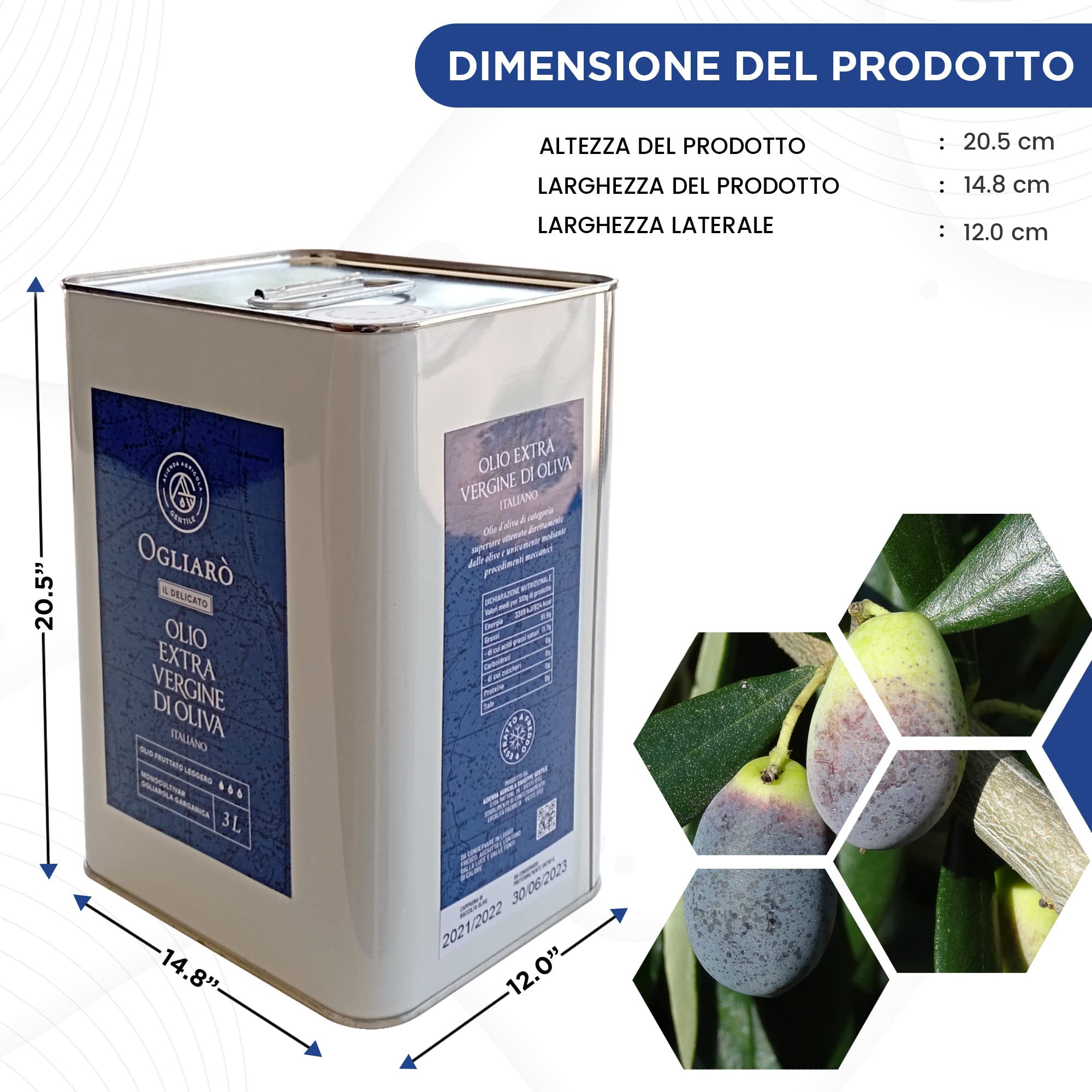 Olio extravergine di oliva italiano EVO Ogliarò Il Delicato 3 litri estratto a freddo monocultivar Ogliarola Garganica certificato e garantito da analisi chimiche (Fruttato Leggero, 3 Litri)