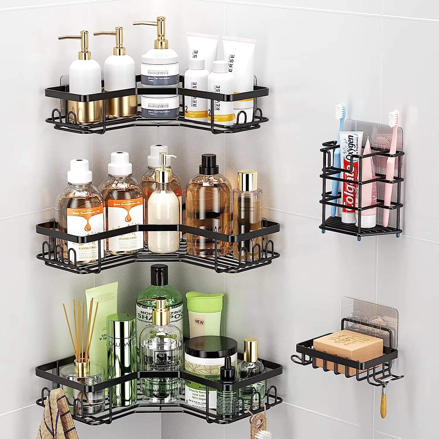 Rustproof Corner Shower Caddy Hanging Multifunction Wall Mounted Bathroom Shelves Shower Organizer No Drilling Triangular Corner Shower Storage