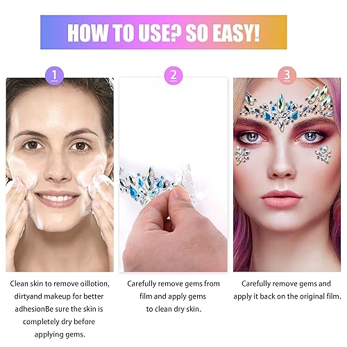 Miniatura 8 de SAOROPEB Gemas faciales  6 juegos de joyas de cara de sirena, calcomanías temporales de tatuaje, calcomanías de acrílico con purpurina de cristal