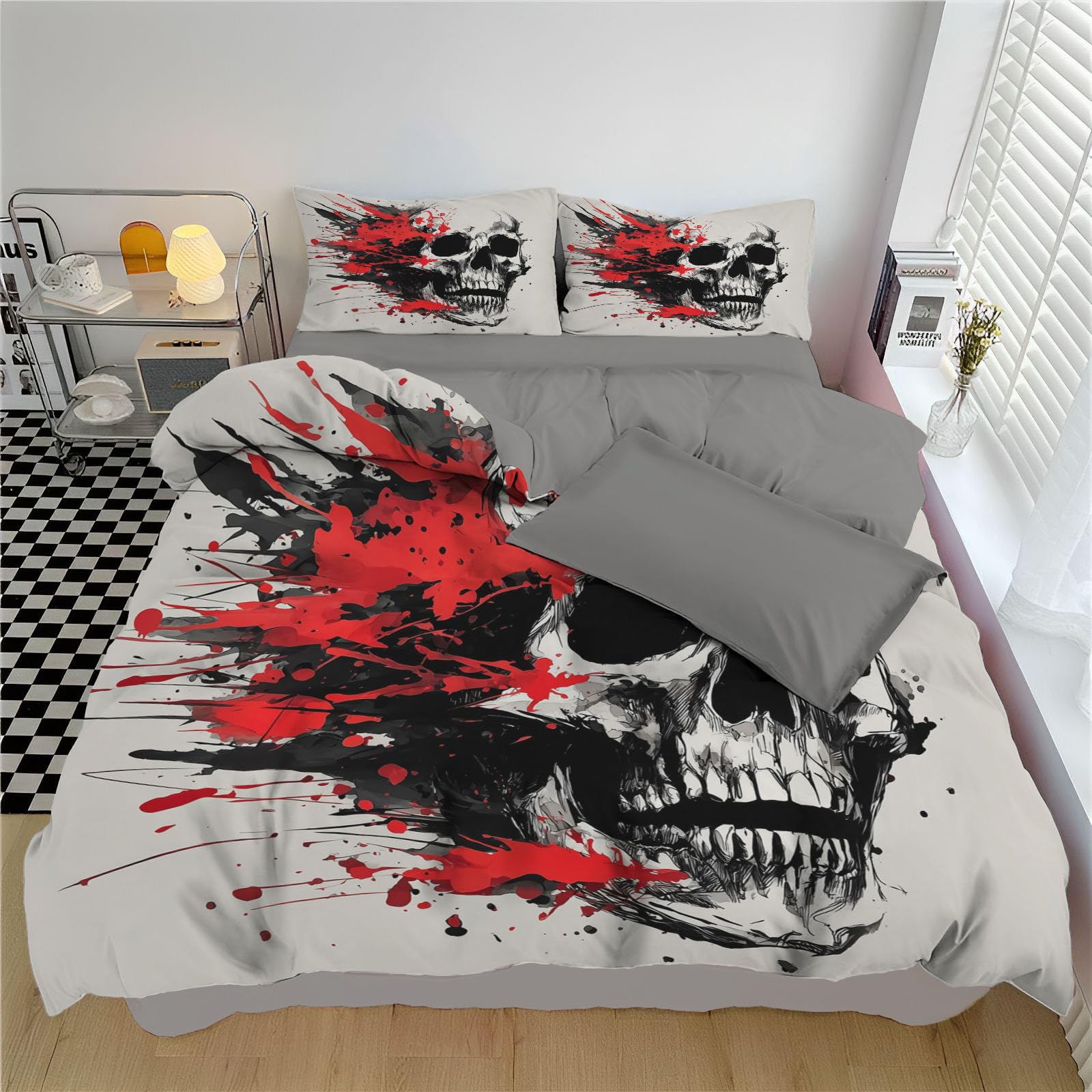 Housse de couette crâne punk gothique avec zip pour changer de literie facilement