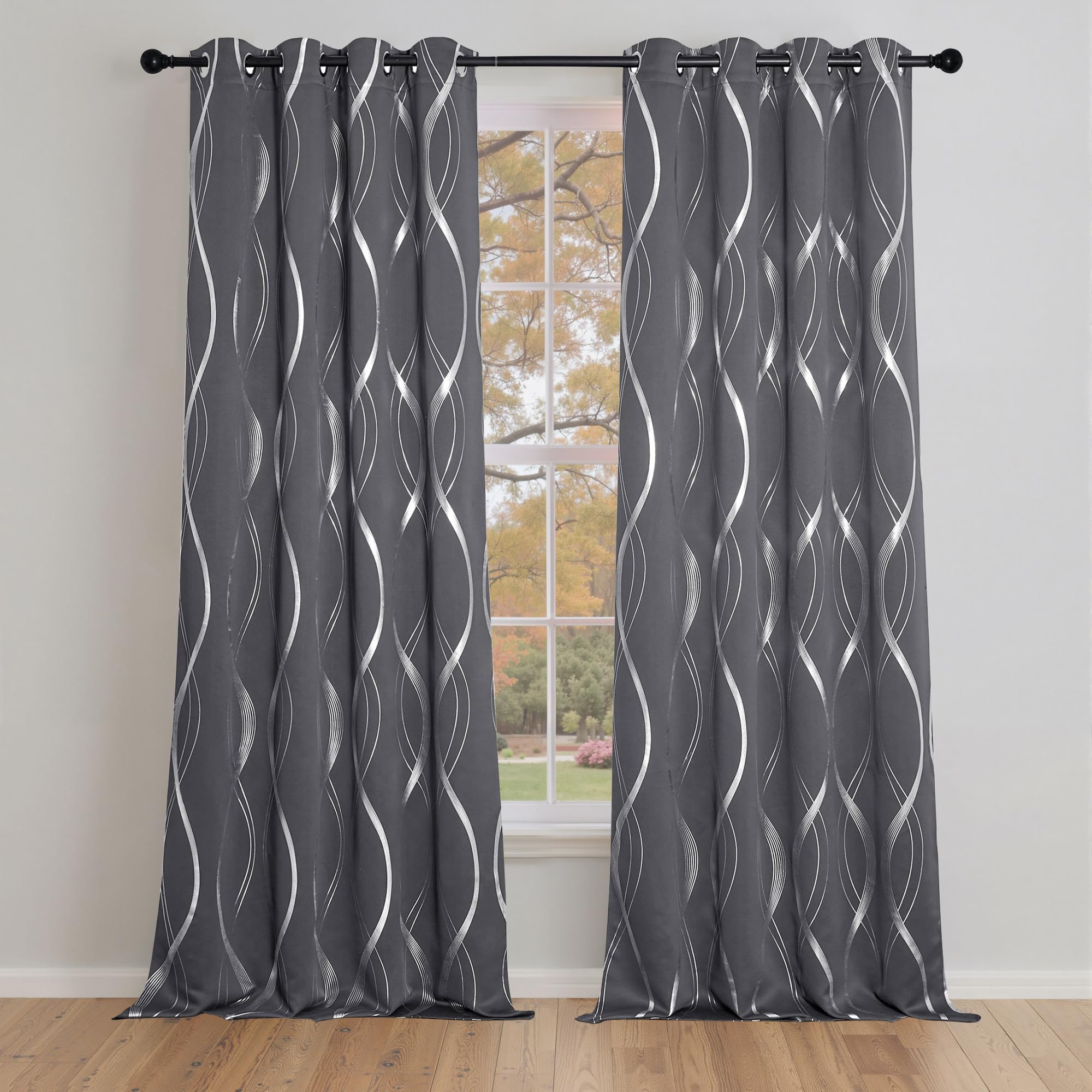 NICETOWN Blackout Curtains for Bedroom, 1 Pair, 52 inches by 90 inches, Grey, Foil Printed Wave Lines Energy Saving Thermal Insulated Solid Grommet