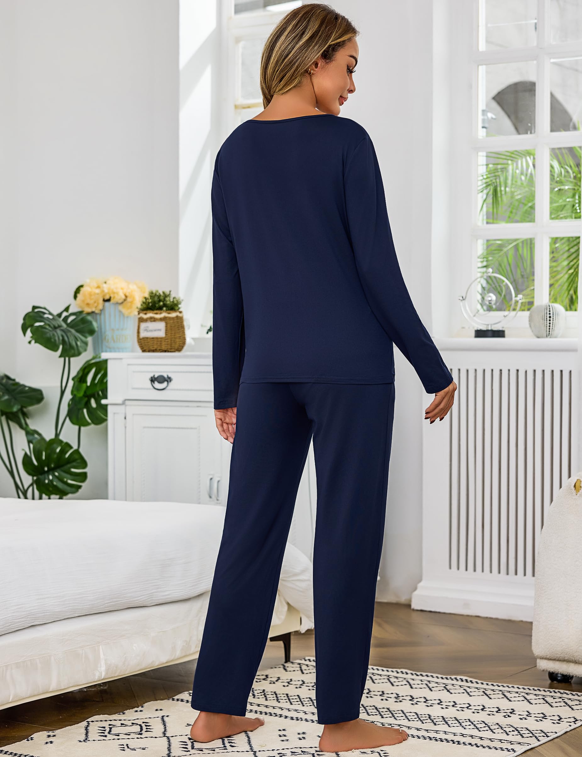 Bresdk Pigiama Donna Invernale Caldo Cotone Lungo Maglia a Maniche Lunghe con Scollo a V e Pantaloni Lunghi Abbigliamento da Casa