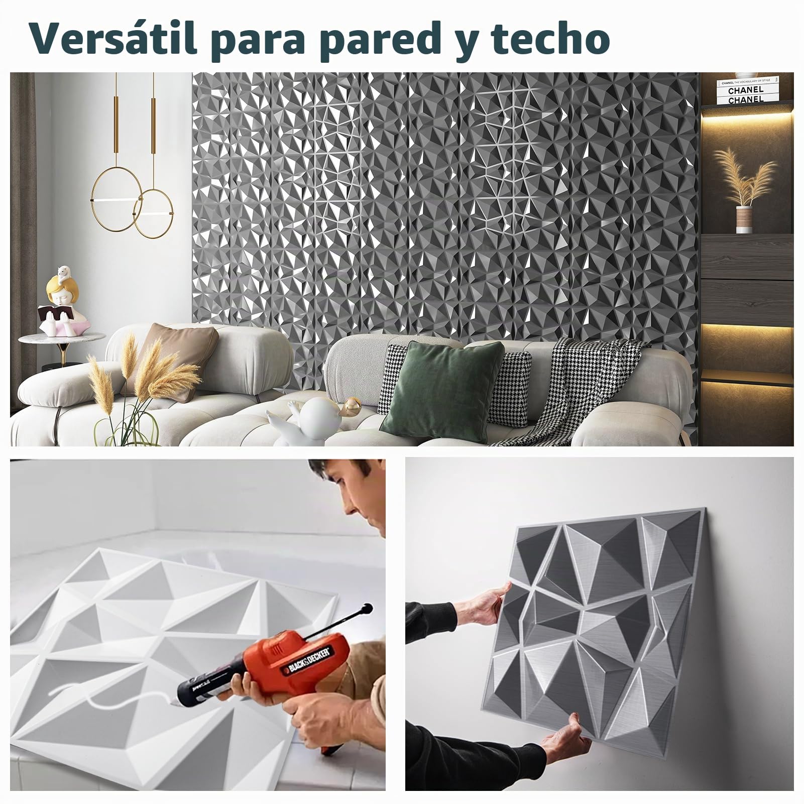 Art3d Paneles de diseño de diamante 3D para decoración de interiores, sala de estar, fondo de pared de TV, dormitorio, configuración de juegos, 30 x 30 cm, plateado, paquete de 33