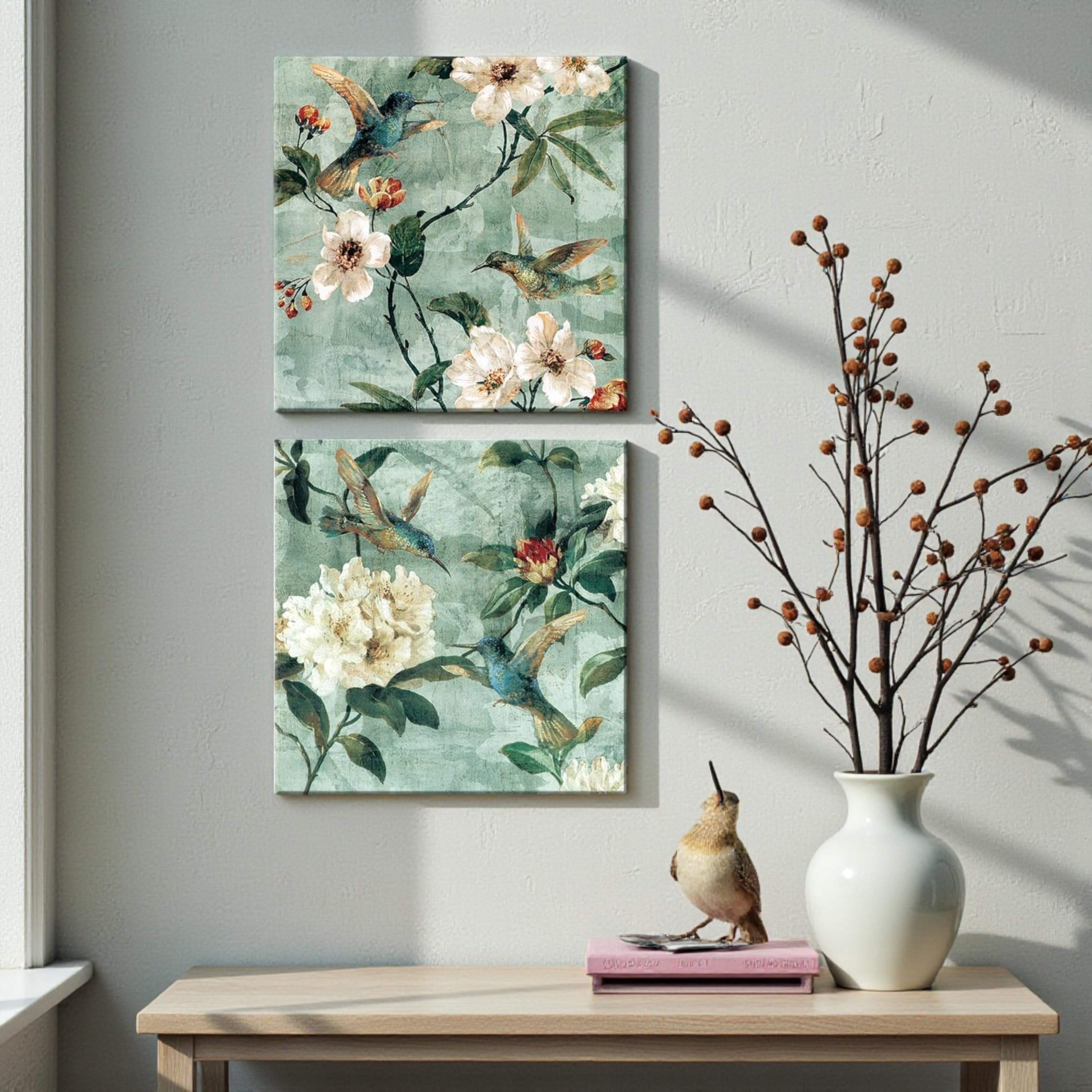 PAINTINGMANTRA Stretched Modern Canvas Painting, Hummingbirds Around Blooming Flower Artwork for Wall Art, Living Room, Home, Bedroom, Office Decoration (Set of 2, 12x12 Inch)