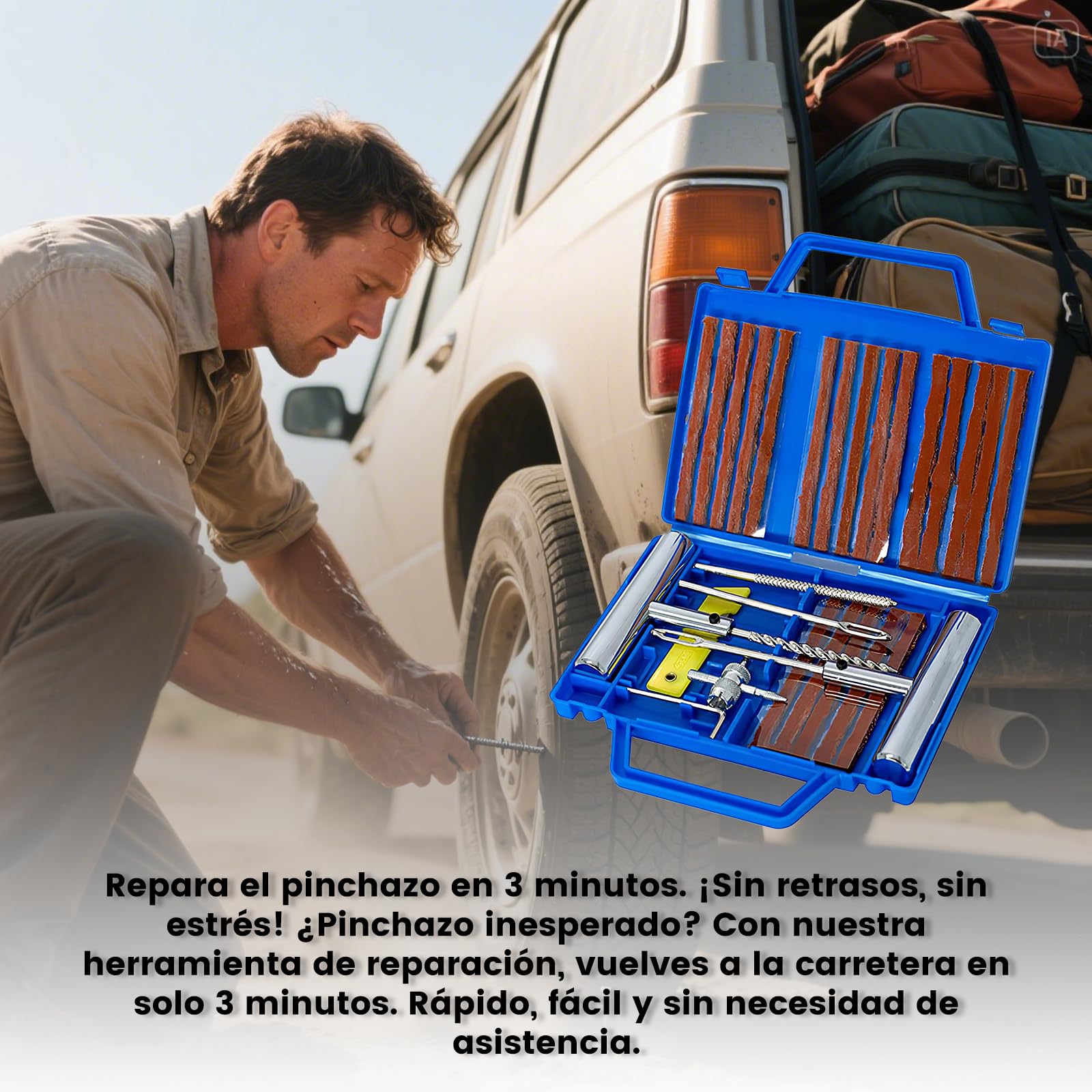 27PCS Kit Repara Pinchazos para Coche/Moto/Caravana, Kit antipinchazos neumático, Arreglar pinchazos en 3 Minutos, Mechas + Accesorios completos, Compacto para Maletero, Fácil Uso sin Experiencia
