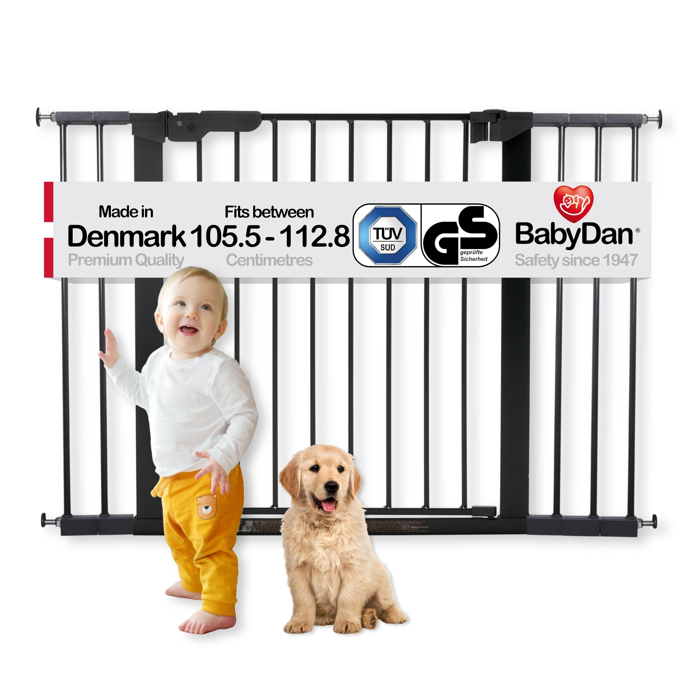 BabyDan Premier – Barrera de fijación por presión para puerta/escalera, color negro, 105,5-112,8 cm