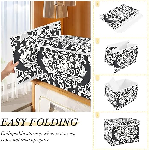 Miniatura 4 de Cesta de almacenamiento con diseño floral barroco de damasco negro con tapas y asa, cubo de almacenamiento grande plegable para estantes, armario,