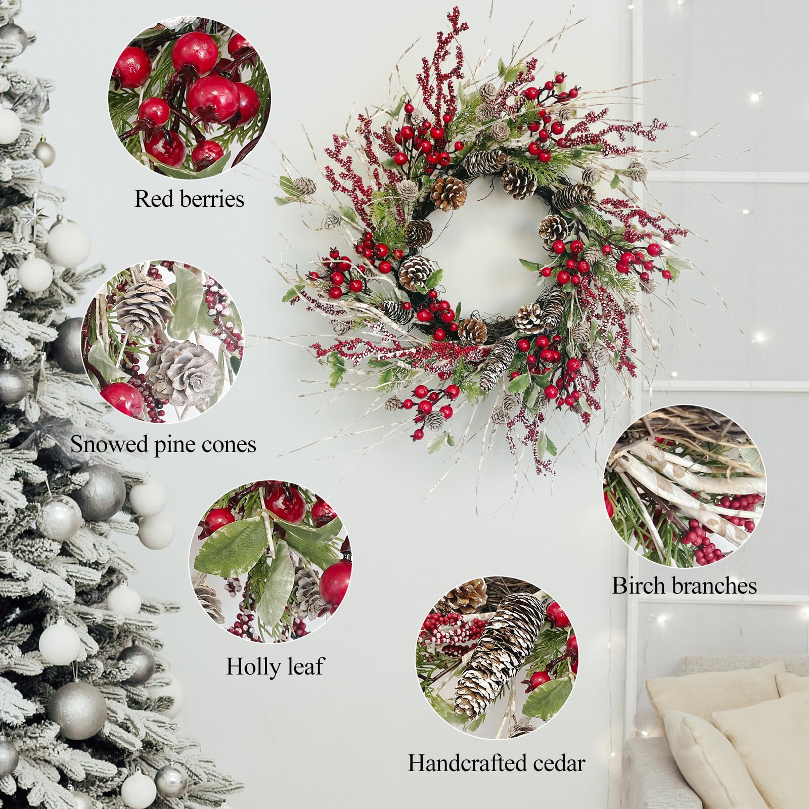 Corona de Navidad de Abedul Artificial de 24 Pulgadas con Conos de Pino Helado, Bayas y Hojas de Acebo, el Cedro Mejora la decoración de la Puerta Delantera para Todo el Invierno