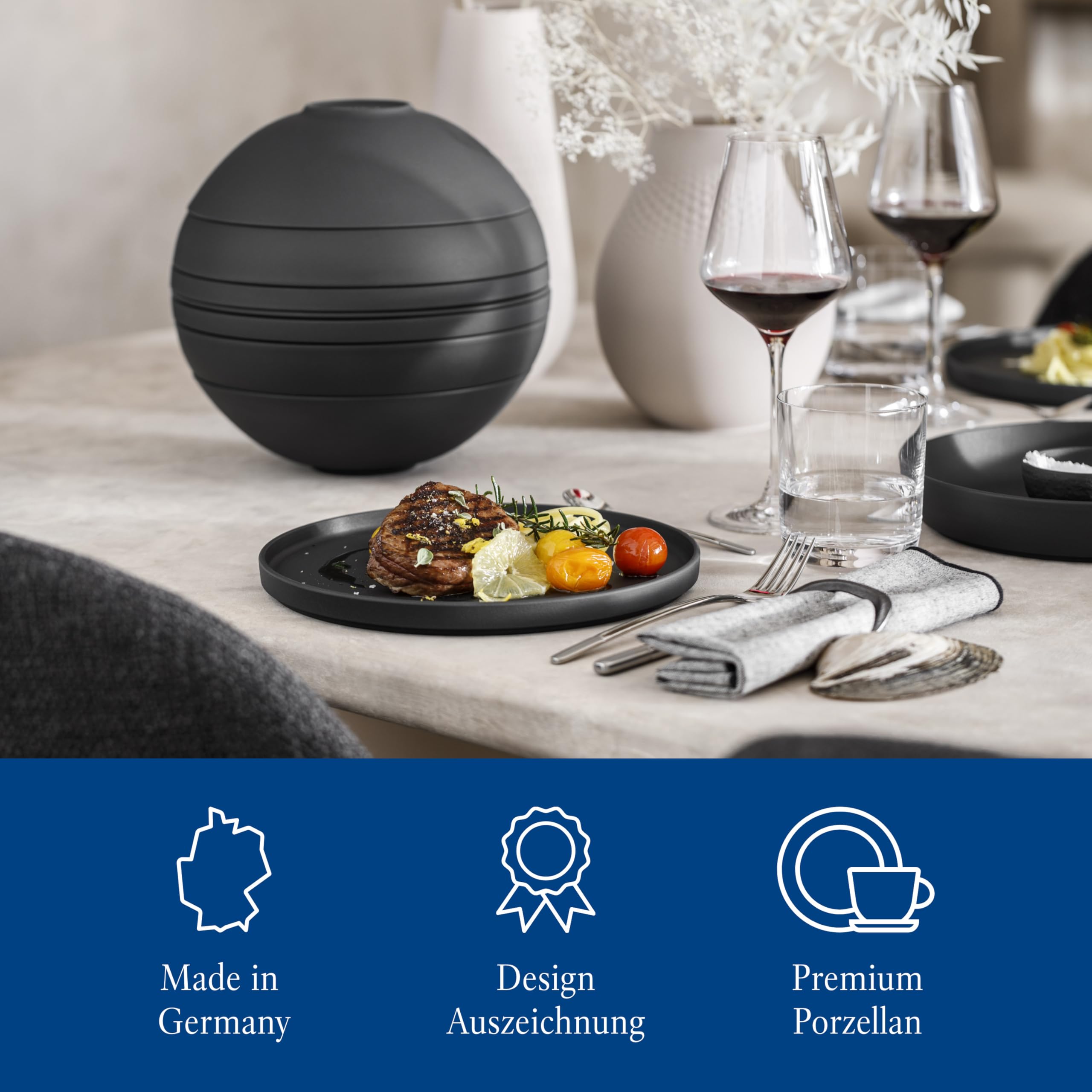 Villeroy & Boch – La Boule Dinner-Set Schwarz, Spülmaschinenfest, Mikrowellensicher, Geschirr, Teller, Porzellan, Schale, Deko, Premium Porzellan