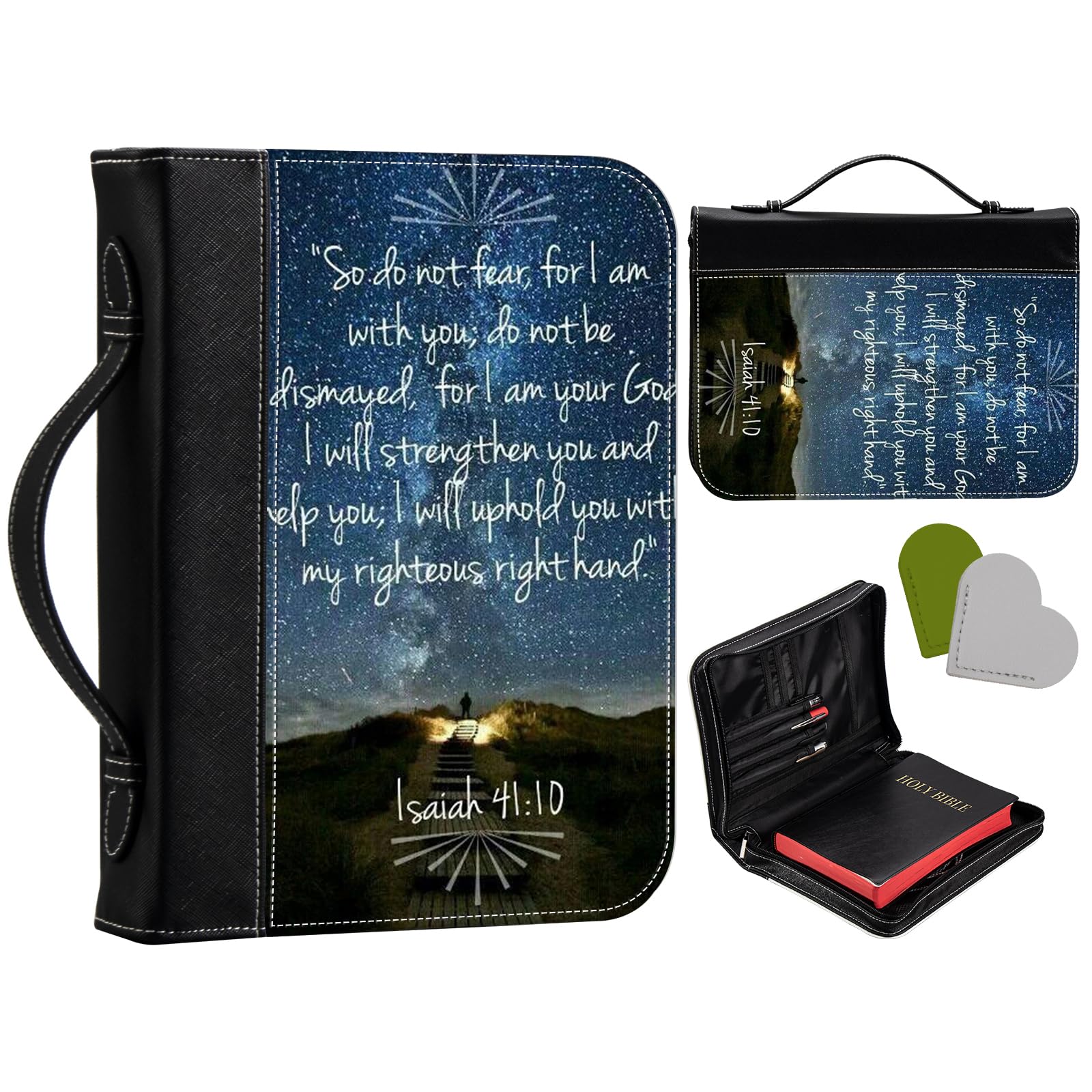 Large Bible Cover Bible Carrying Case for Men Women Fit Book Up to 10x7.5x1.9 in (w/Bookmark)-Bible Verse Isaiah 41:10 Leather Bible Covers Bible Holder Carrier Church Bags w/Handle Zipper Pockets