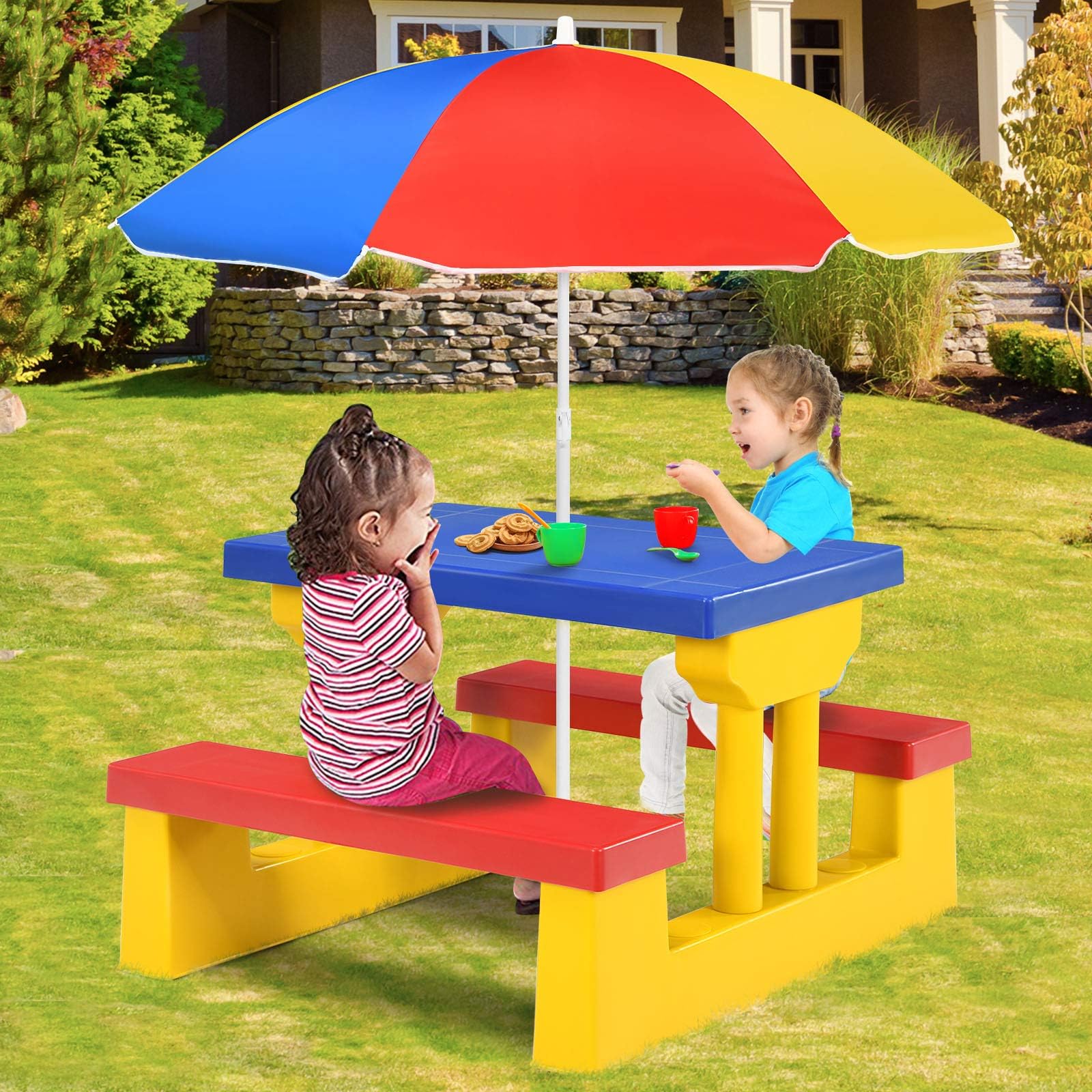 COSTWAY Kindersitzgruppe Outdoor mit Sonnenschirm, Kinder Picknicktisch mit Tisch & 2 Sitzbänke, Kinder Sitzgarnitur Garten, Kindertisch Gartenmöbel für Hinterhof, Terrasse (Gelb)