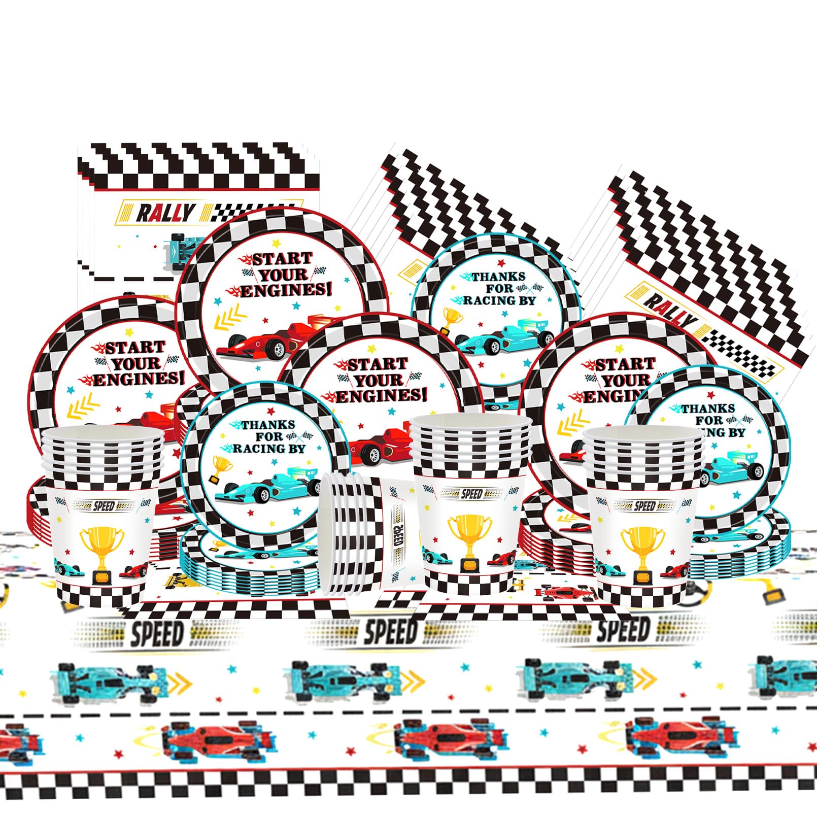 81 Pezzi Car Stoviglie per Feste di Compleanno，Car Addobbi Compleanno，Tovaglia，Piatti Carta，Adatto a 20 persone