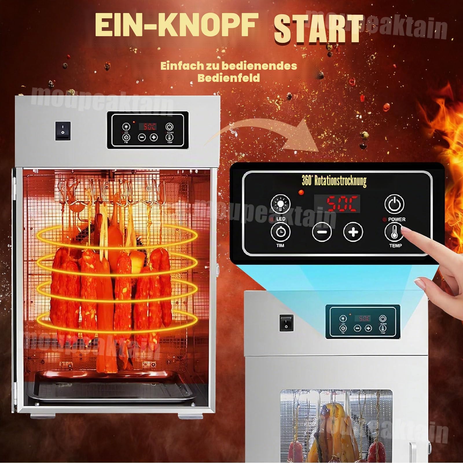 Gewerblicher Dry Aged Reifeschrank Mit 360°-Drehfunktion, Edelstahl-Fleischtrockner, 24-Stunden-Timer Und Einstellbarer Temperatur (30-90℃) Für Die Fleischreifekammer, 7.5kg