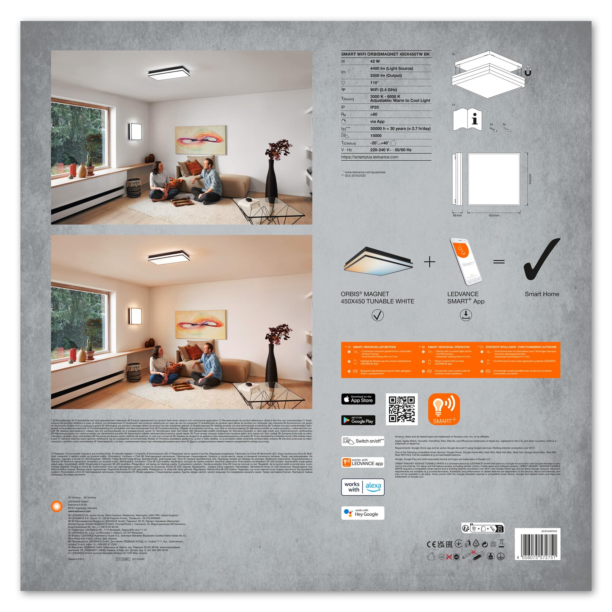LEDVANCE ORBIS MAGNET SMART+ Wi-Fi 45x45cm, dimmbare LED Deckenleuchte für den Innenbereich, 42W, Farbtemperatur 3000-6500K, 4200 Lumen, Design-Lampe mit innovativem Magnetrahmen, schwarz