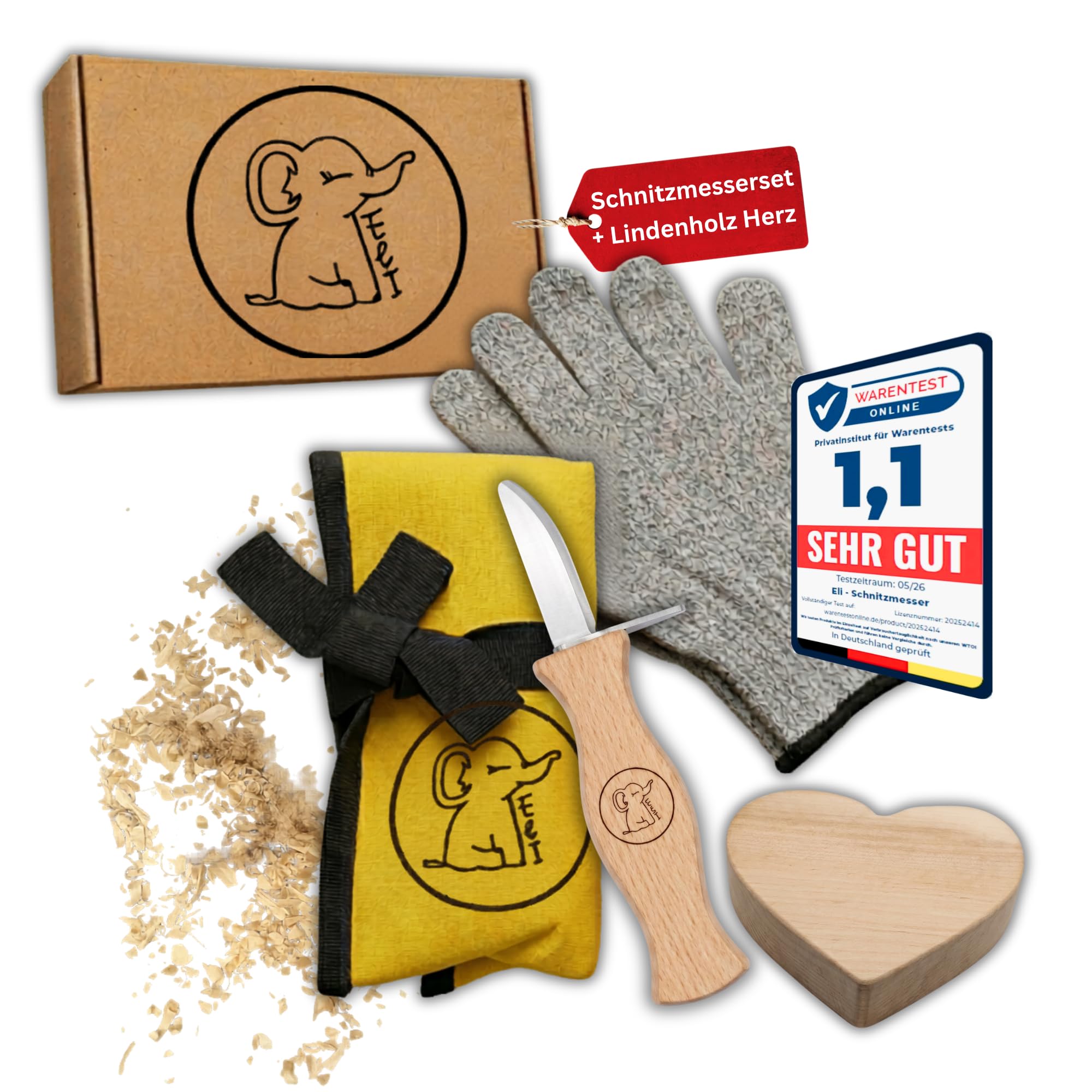 Eli® Schnitzmesser Kinder Set ab 6 Jahre inkl. Schnitzholz und schnittfeste Handschuhe - hochwertiges Kindermesser Schnitzset und Rohling Herz - Kinderschnitzmesser - Schnitzwerkzeug - Outdoor Messer