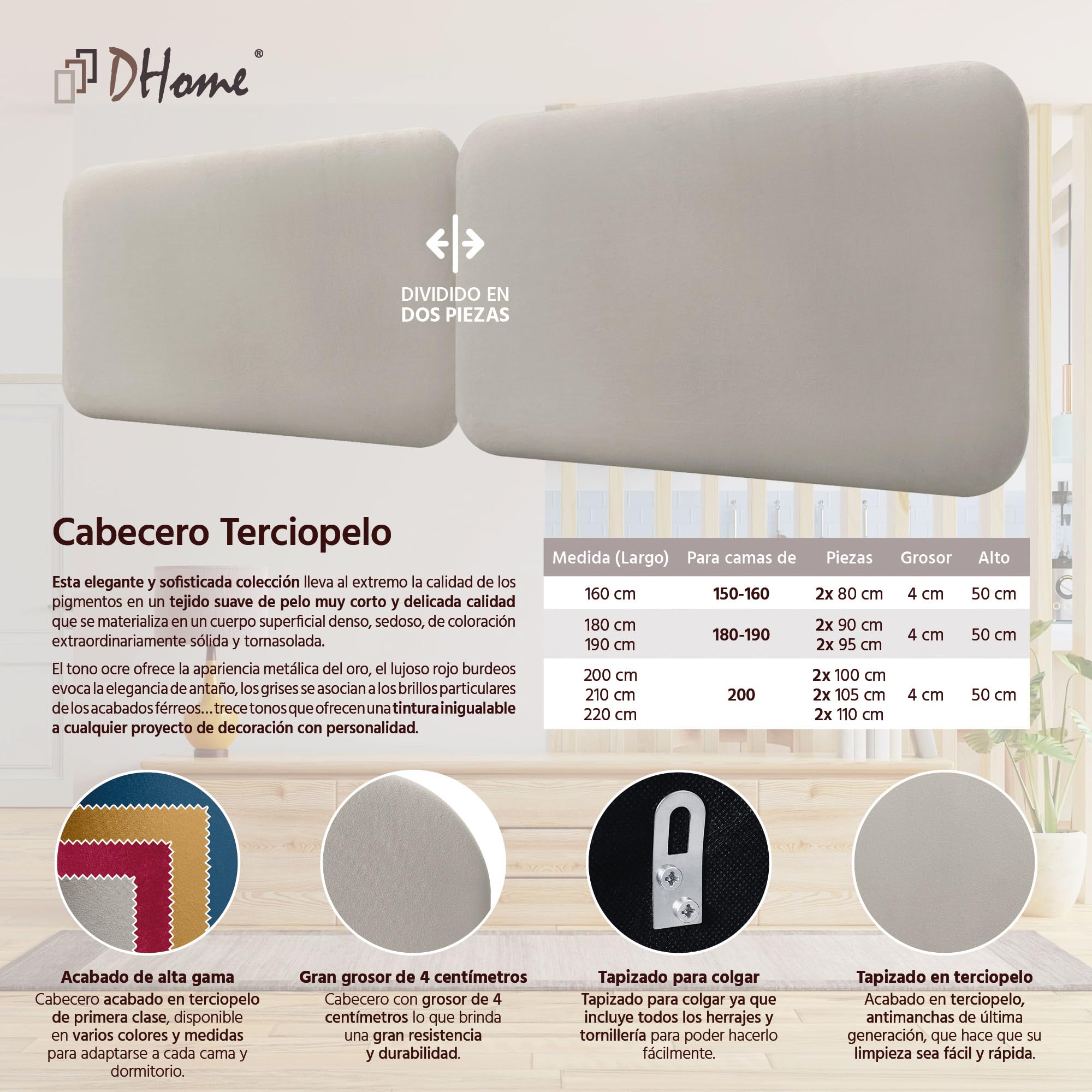 DHOME Cabecero Tapizado Liso Redondeado Terciopelo para Pared Acústicos Cabeceros Absorbentes Cabezal Cama Dormitorio (Beige, 220cm Dual)