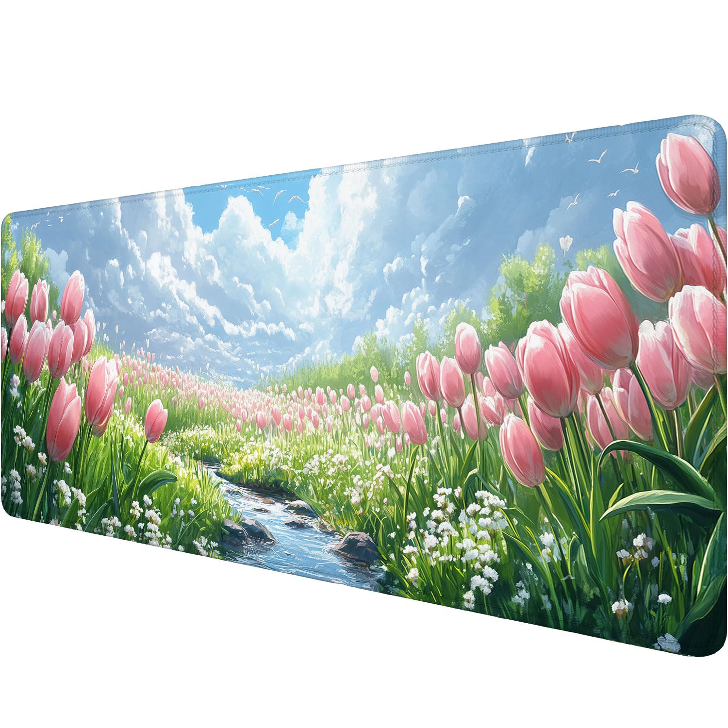 Cute Anime Floral Mouse Pad Pink Tulips Green Kawaii Extended Mousepad Waterproof Stitched Edges Rubber Base Non-Slip Deskmap Computer Keyboard Mat