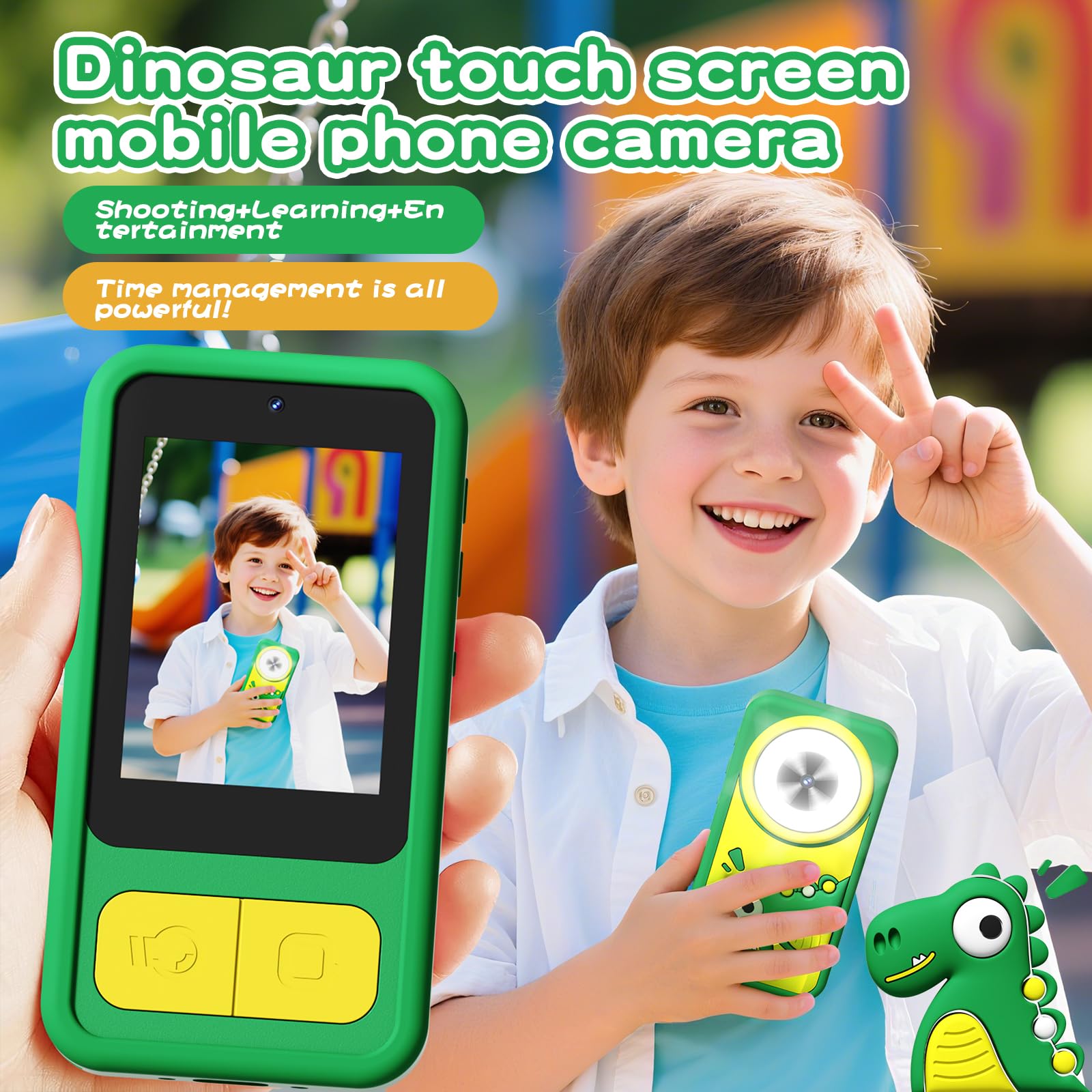 Upgrade Mini Kids Toy Pretend Smart phone, Selfie Phone with 3.0” Touchscreen, for 3-10 Years Old Boys Girls, Green Dinosaur - Image 2