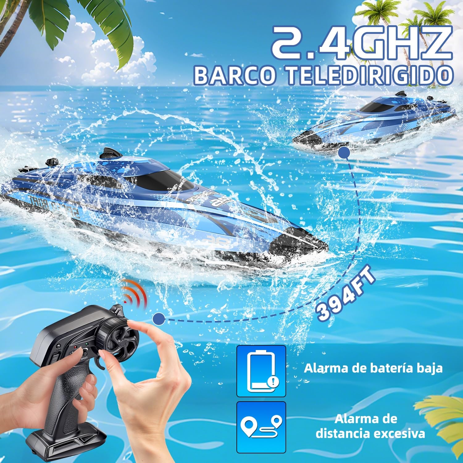 Barco teledirigido con luz LED, 25 km/h, barco teledirigido para niños | Lancha rápida de 2,4 GHz con 2 pilas para 40 minutos de tiempo de reproducción, regalo para niños a partir de 6 8 años (azul)